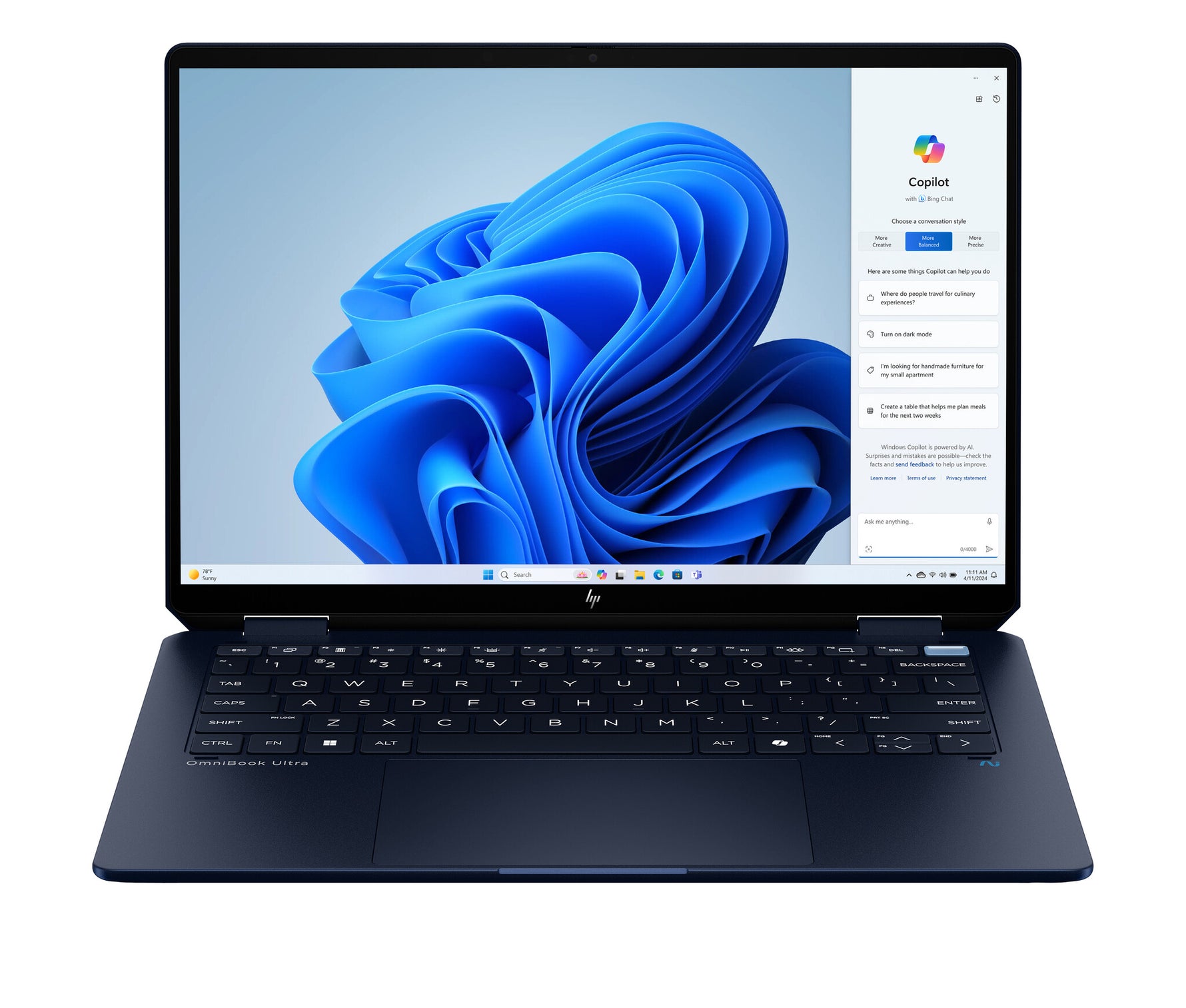 HP OmniBook Ultra Flip 14-fh0026nb Copilot+ PC Intel Core Ultra 7 258V Hybride (2-in-1) 35,6 cm (14") Touchscreen 3K 32 GB LPDDR5x-SDRAM 1 TB SSD Wi-Fi 7 (802.11be) Windows 11 Home Blauw