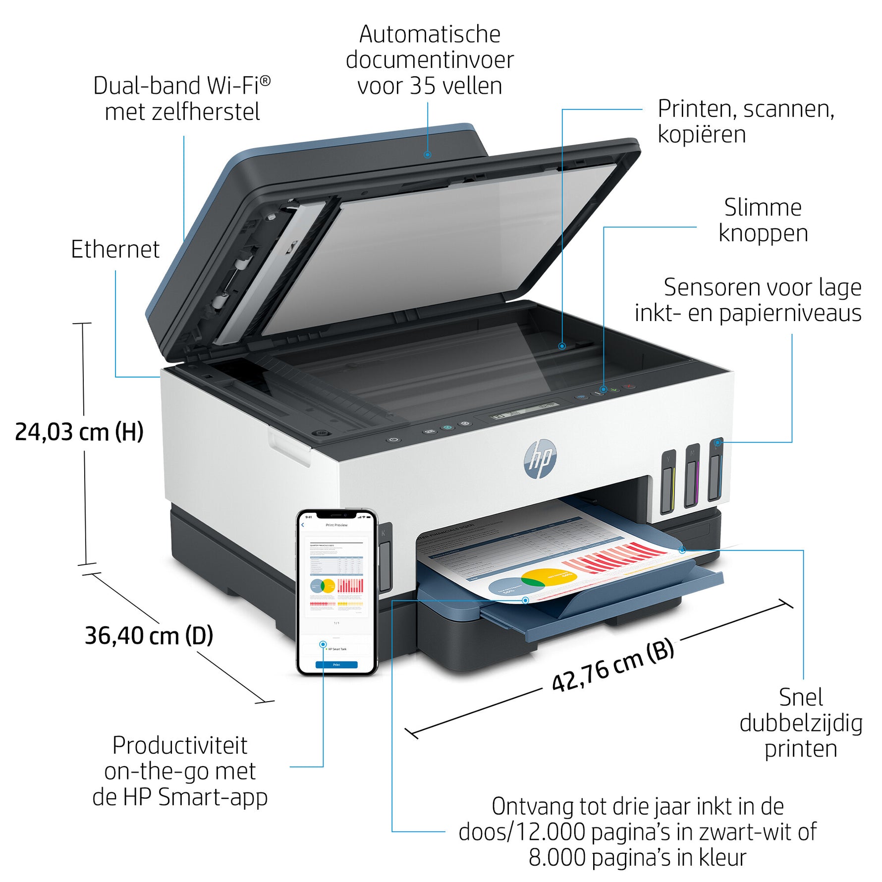 HP Smart Tank 7306 Draadloos All-in-One Kleur Printer, Dubbelzijdig printen; Kopieerapparaat, Scanner