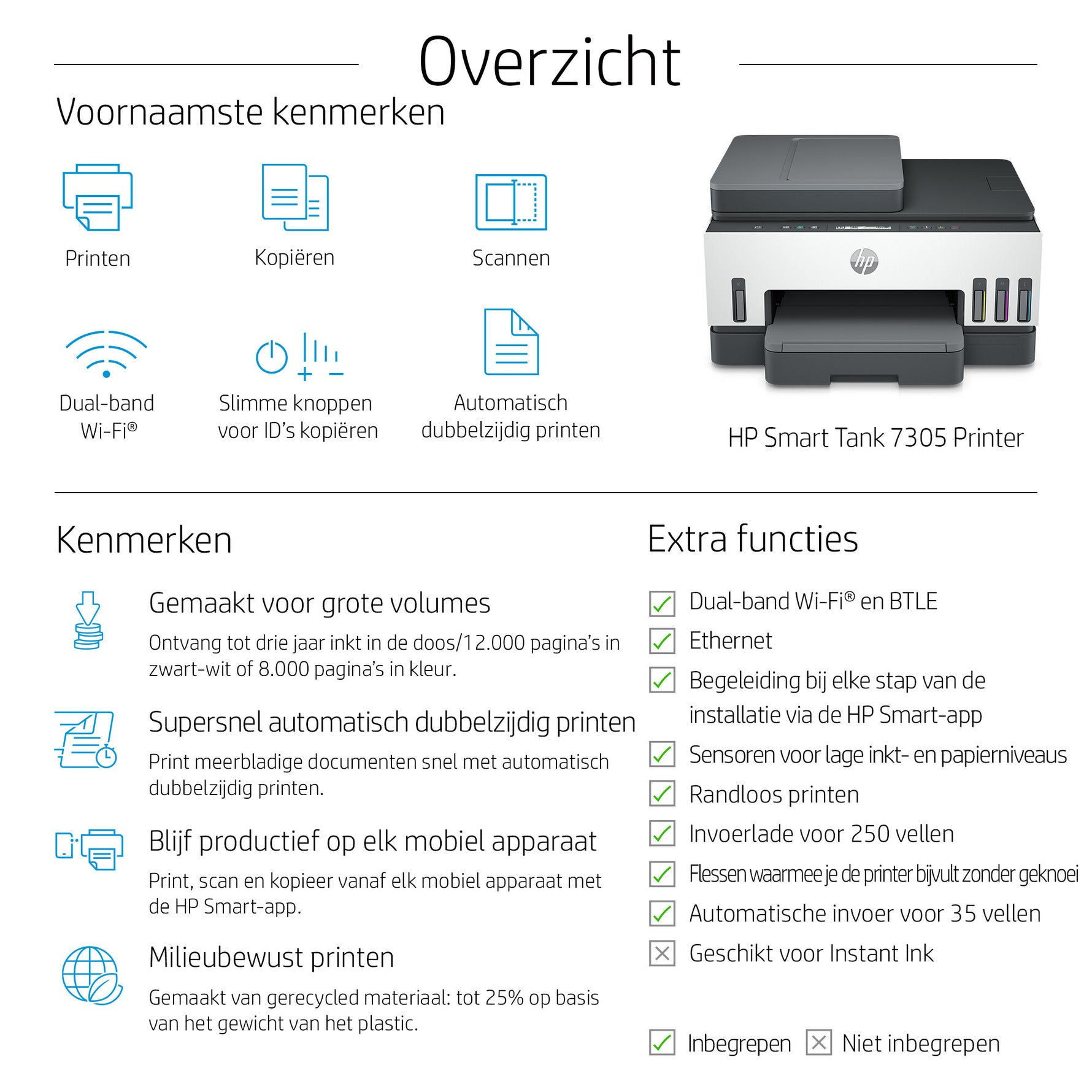 HP Smart Tank 7305 Draadloos All-in-One Kleur Printer, Dubbelzijdig printen; Kopieerapparaat, Scanner