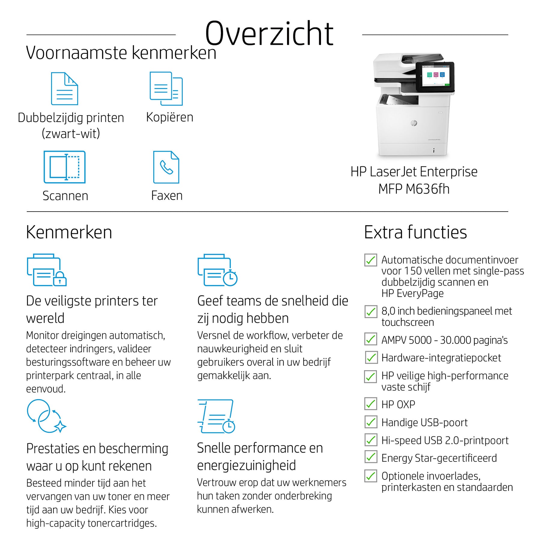 HP LaserJet Enterprise M636fh Multifunction Zwart-wit Printer, Alleen Ethernet; Kopieerapparaat, scanner