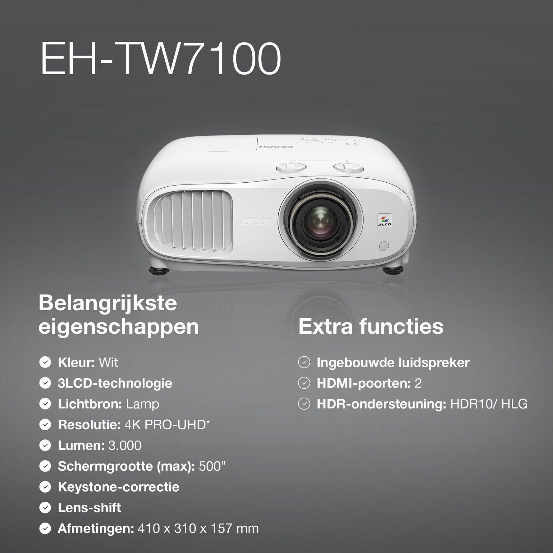 Epson EH-TW7100 4K PRO-UHD-projector, 3000 lumen, scherm van maximaal 500 inch