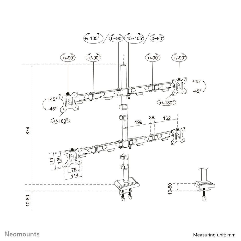 Neomounts DS60-600BL2-2 Quadruple monitorarm voor vier schermen 10-32"