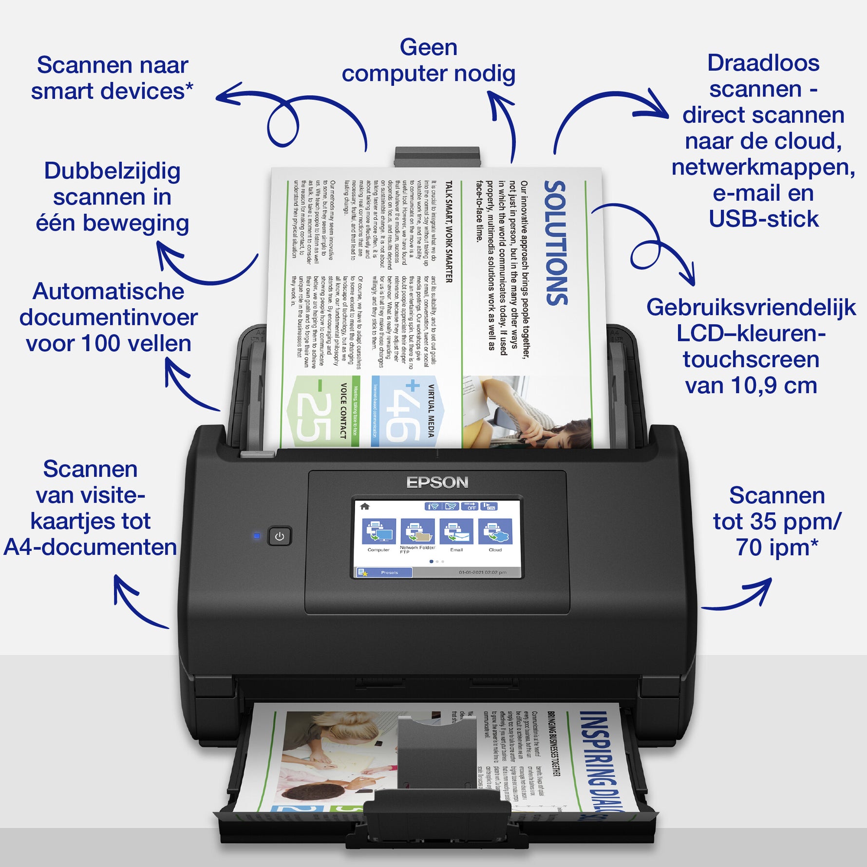 Epson WorkForce ES-580W, A4 automatische duplexscanner met Wi-Fi en gebruiksvriendelijk touchscreen