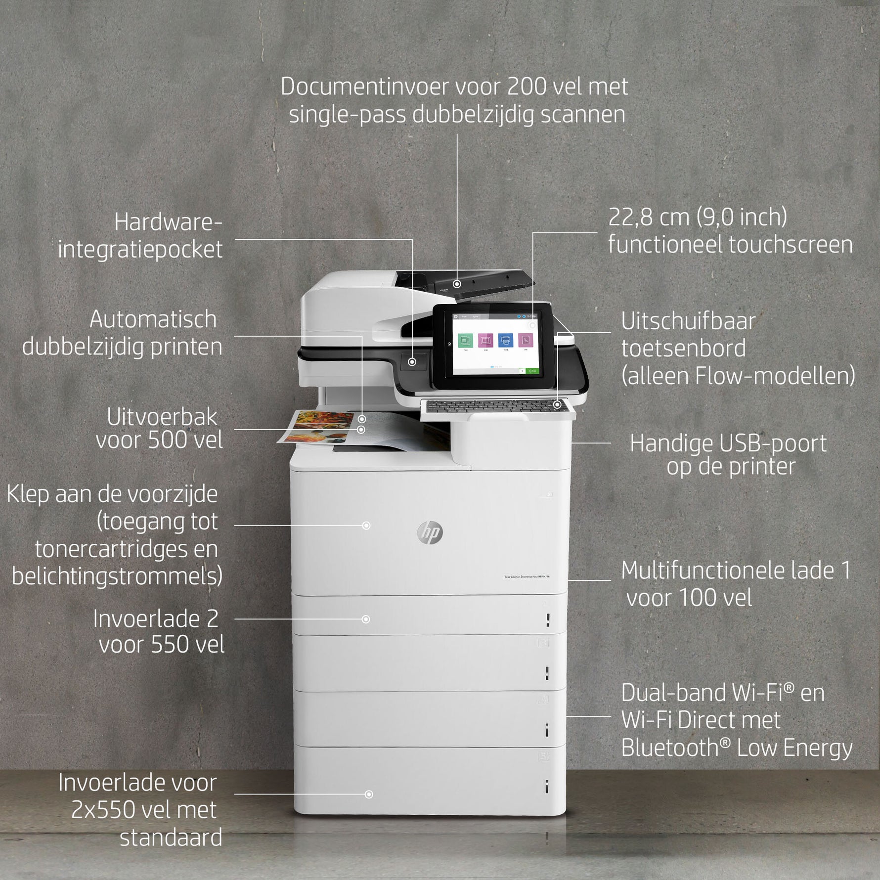 HP Color LaserJet Enterprise Flow LaserJet Enterprise Flow M776z Draadloos Multifunction Kleur Printer, Kopieerapparaat, scanner; dubbelzijdig