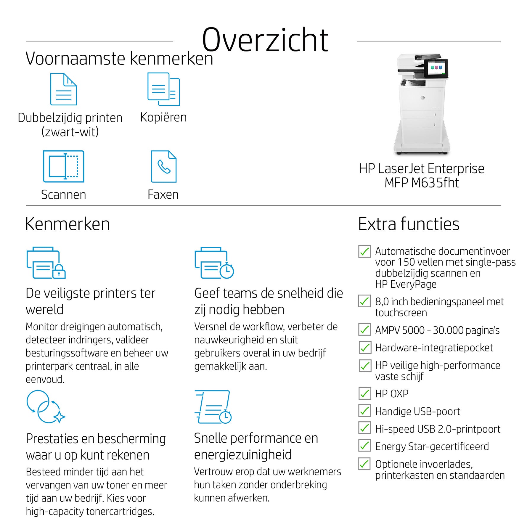 HP LaserJet Enterprise M635fht Multifunction Zwart-wit Printer, Alleen Ethernet; Kopieerapparaat, scanner