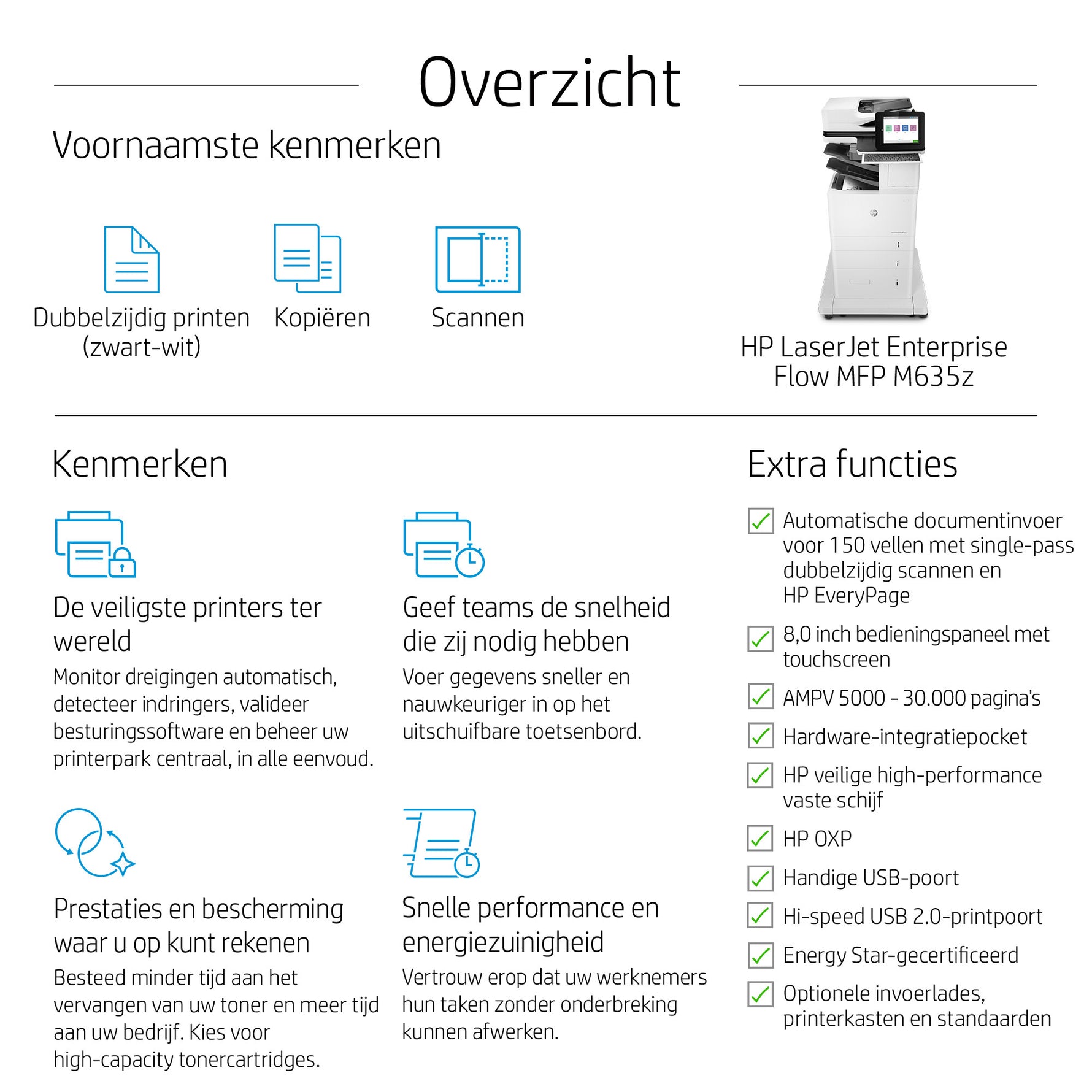 HP LaserJet Enterprise Flow LaserJet Enterprise M635z Multifunction Zwart-wit Printer, Alleen Ethernet; Kopieerapparaat, scanner