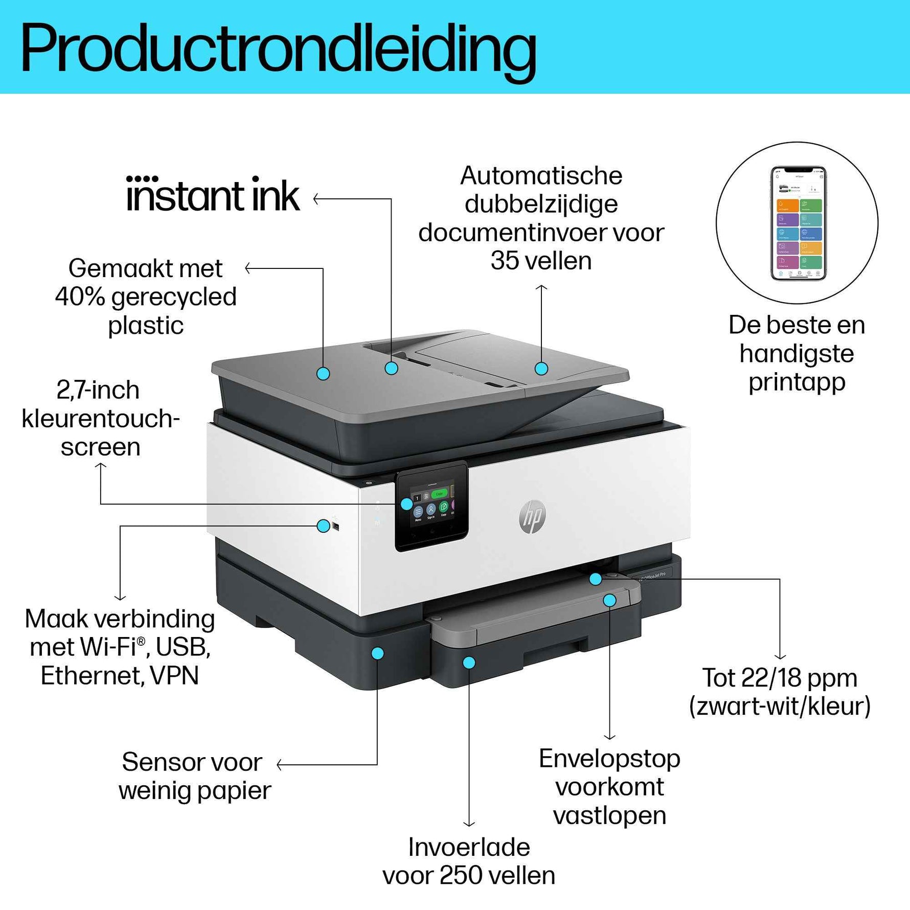 HP OfficeJet Pro 9120e Draadloos All-in-One Kleur Printer, Instant Ink; Dubbelzijdig printen