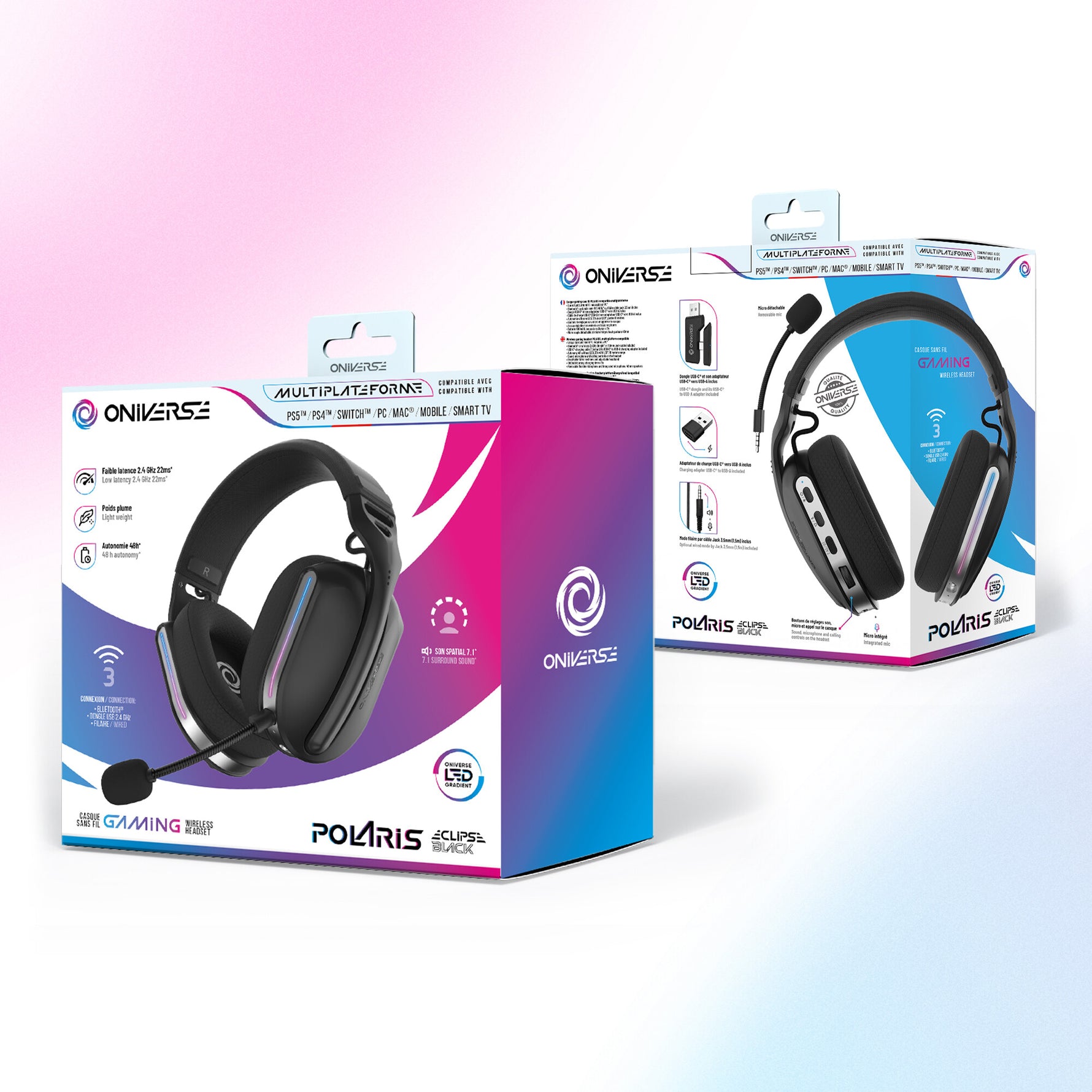 Oniverse Polaris Headset Bedraad en draadloos Hoofdband Gamen USB Type-C / USB Type-A Bluetooth Zwart