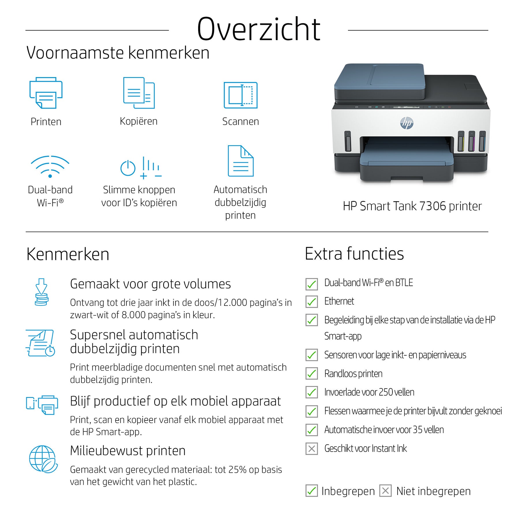 HP Smart Tank 7306 Draadloos All-in-One Kleur Printer, Dubbelzijdig printen; Kopieerapparaat, Scanner