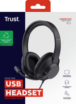 Trust Ayda Max USB Headset - USB headset voor kantoor en calls – Opklapbare microfoon – 40 mm drivers – Zwart