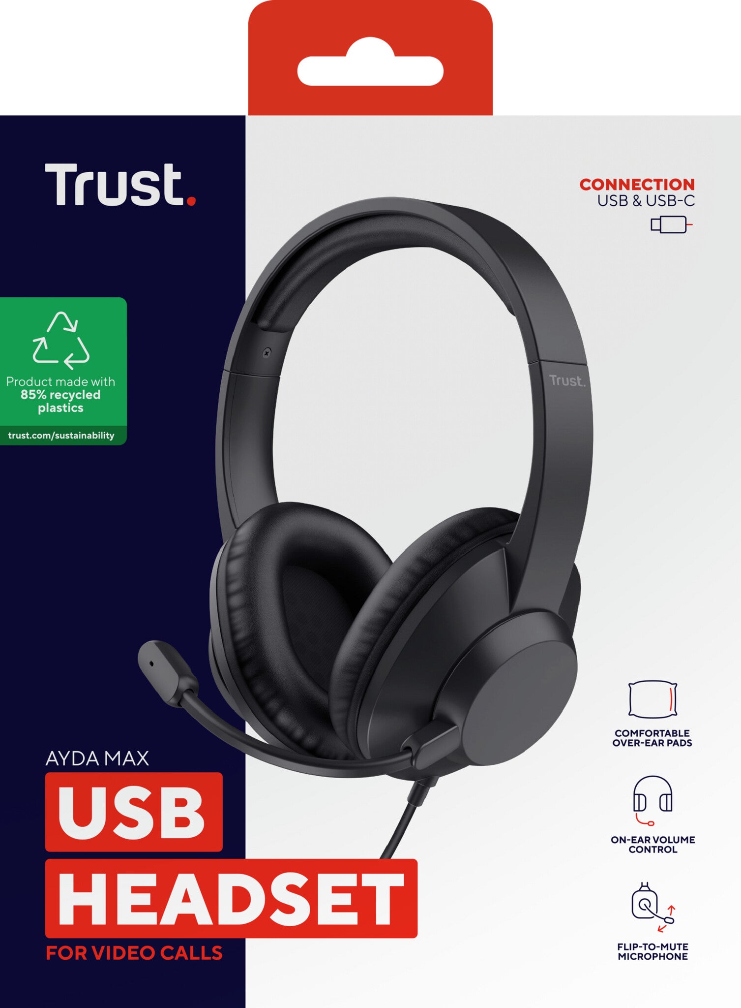 Trust Ayda Max USB Headset - USB headset voor kantoor en calls – Opklapbare microfoon – 40 mm drivers – Zwart