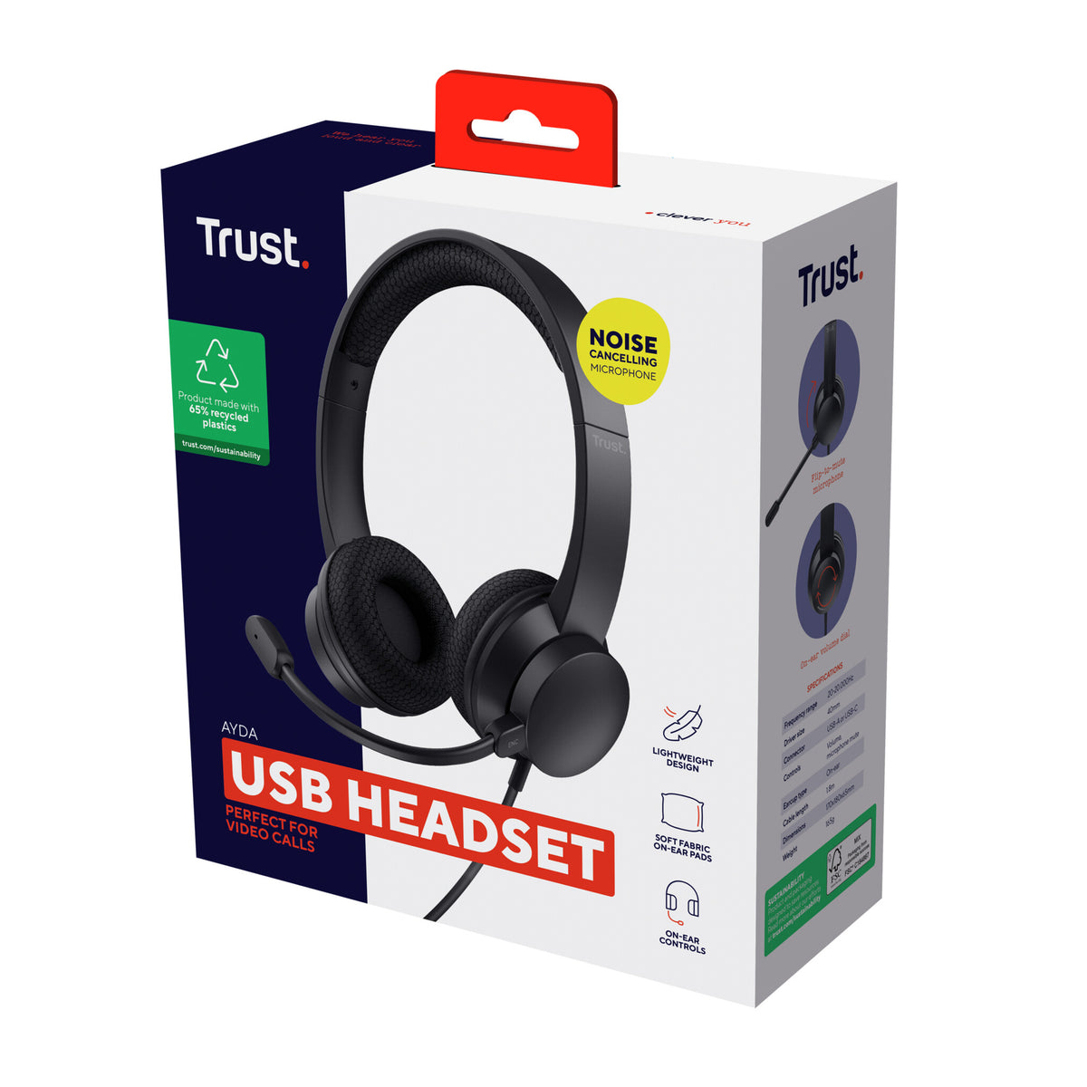 Trust Ayda ENC-headset - Hoofdtelefoon met omgevingsgeluidonderdrukking - USB-aansluiting - Microfoon met ENC - Zwart