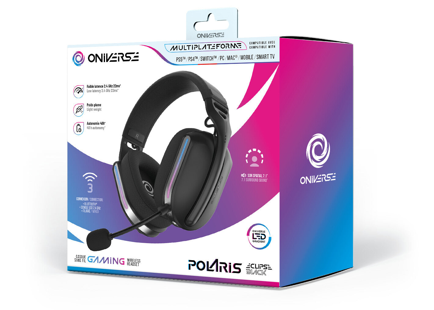 Oniverse Polaris Headset Bedraad en draadloos Hoofdband Gamen USB Type-C / USB Type-A Bluetooth Zwart