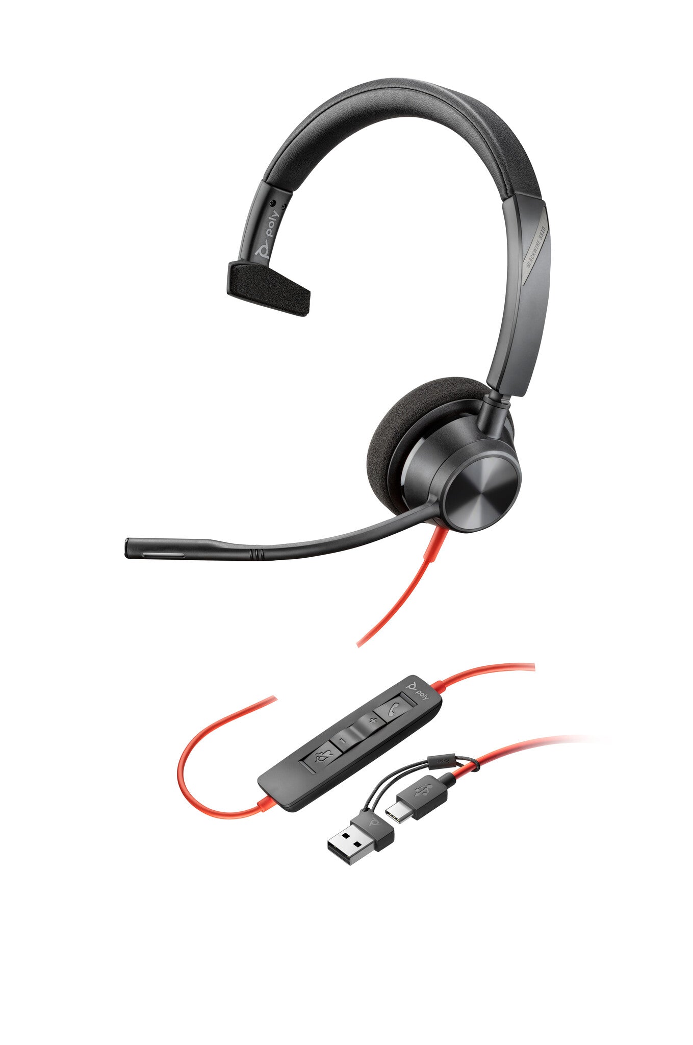HP Poly Blackwire 3310 Monaural USB-C Headset + USB-C/A adapter