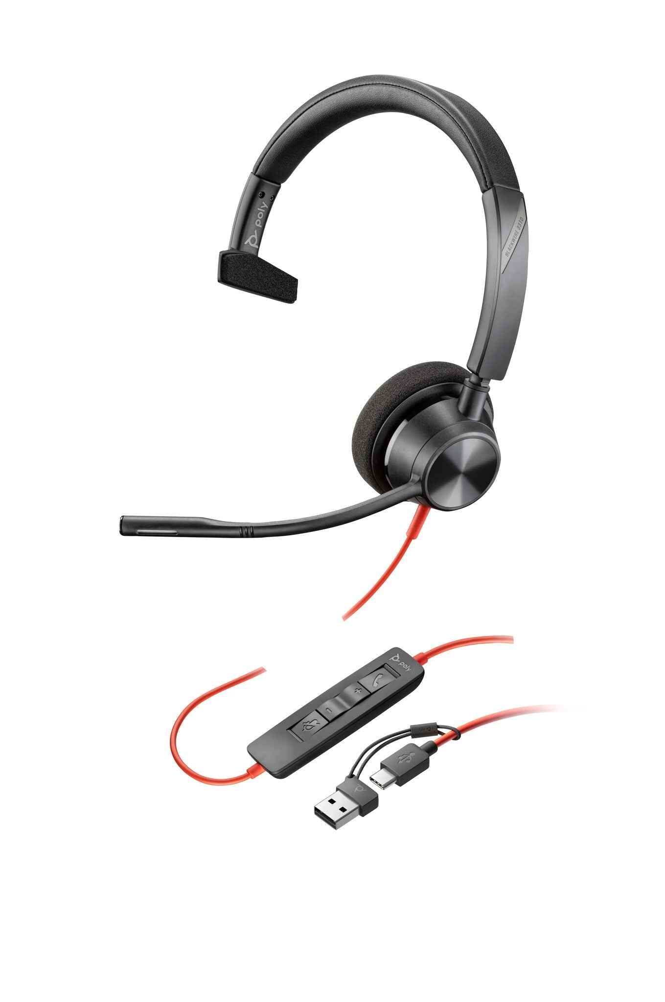 HP Poly Blackwire 3310 Monaural USB-C Headset + USB-C/A adapter