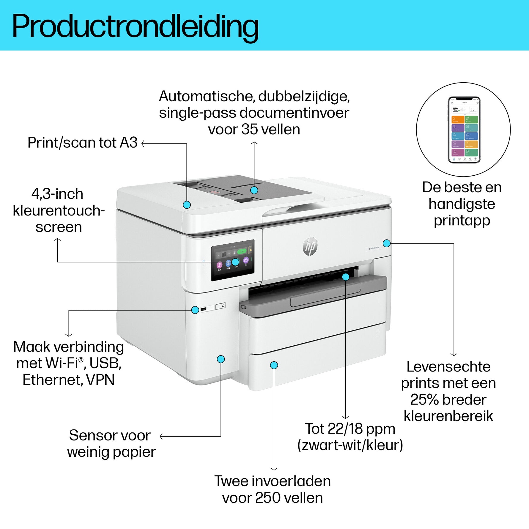 HP OfficeJet Pro 9730e Draadloos All-in-One Kleur Printer, Instant Ink; Dubbelzijdig printen
