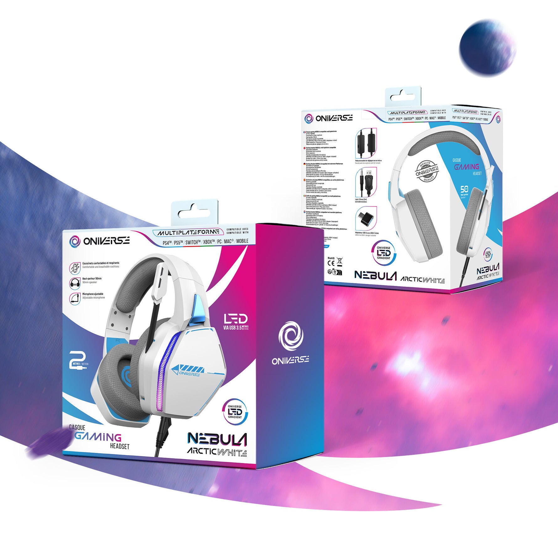 Oniverse Nebula Headset Bedraad Hoofdband Gamen USB Type-A Wit