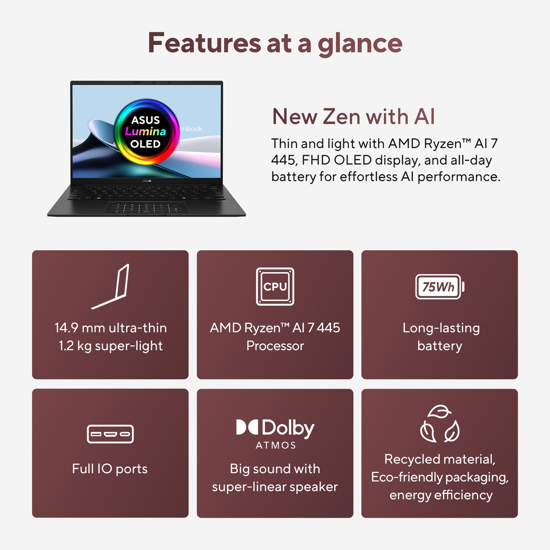 ASUS Zenbook 14 OLED UM3406GA-QD031W Copilot+ PC AMD Ryzen AI 7 445 Laptop 35,6 cm (14") WUXGA 32 GB LPDDR5x-SDRAM 1 TB SSD Wi-Fi 6E (802.11ax) Windows 11 Home Nederlands Zwart