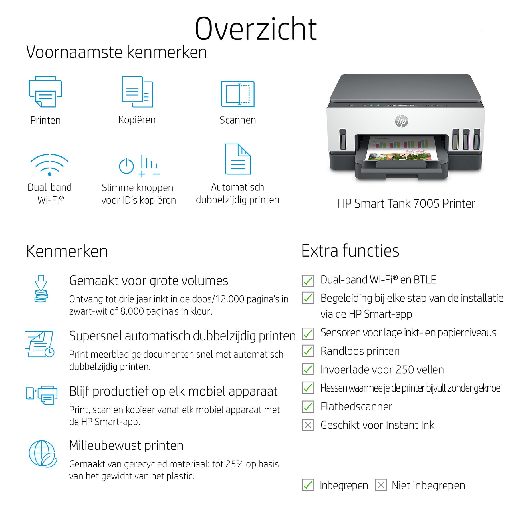 HP Smart Tank 7005 Draadloos All-in-One Kleur Printer, Dubbelzijdig printen; Kopieerapparaat, Scanner