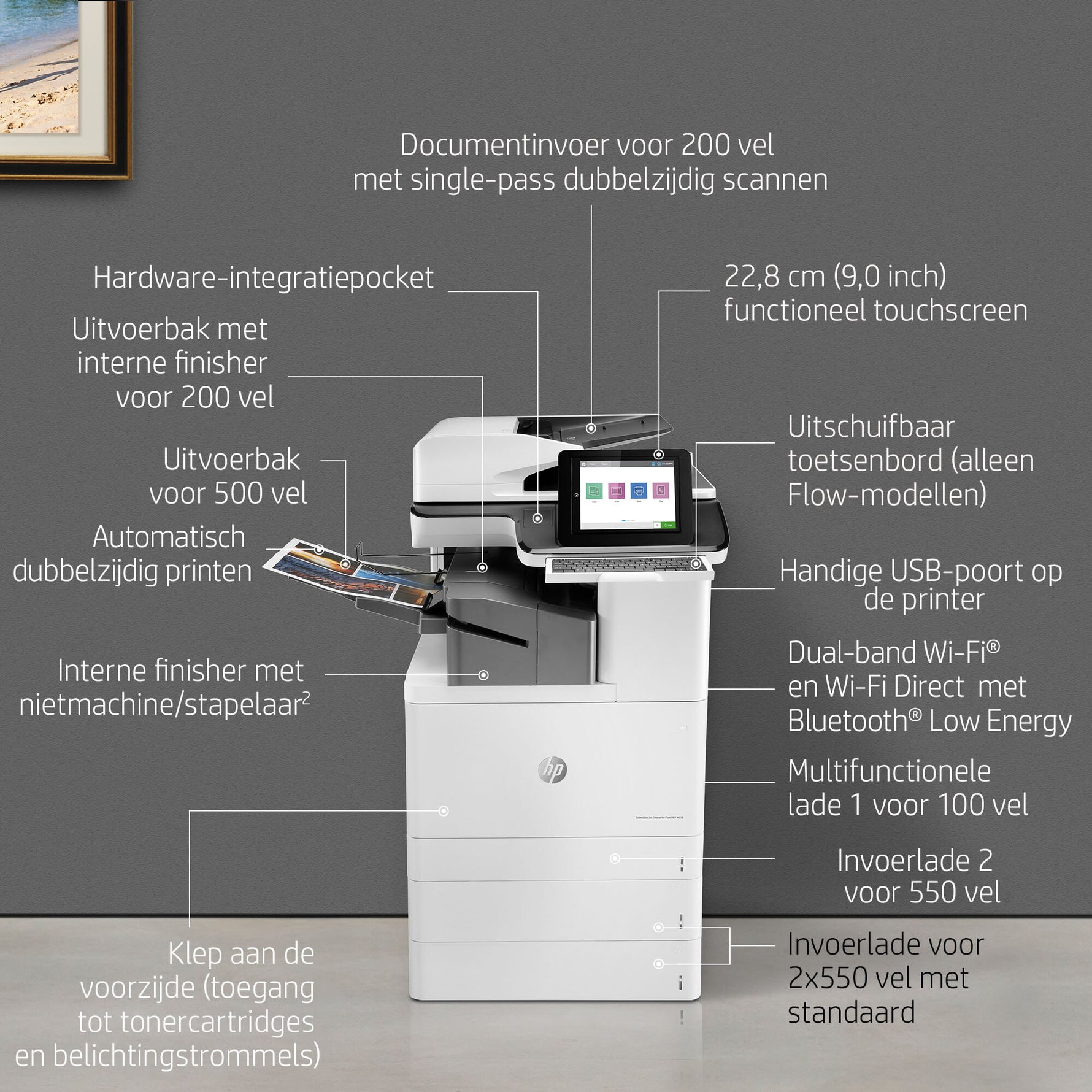 HP Color LaserJet Enterprise Flow LaserJet Enterprise Flow M776zs Draadloos Multifunction Kleur Printer, Kopieerapparaat, scanner; dubbelzijdig