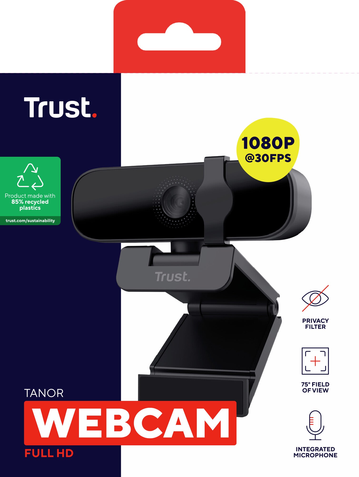 Trust Tanor Full HD Webcam – webcam – Full HD webcam met privacy‑cover – geïntegreerde microfoon – zwart
