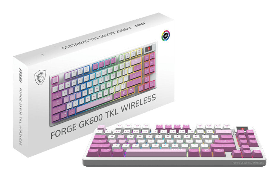 MSI FORGE GK600 TKL WIRELESS VIOLET toetsenbord Gamen USB + Bluetooth QWERTY Brits Engels Roze, Violet, Wit
