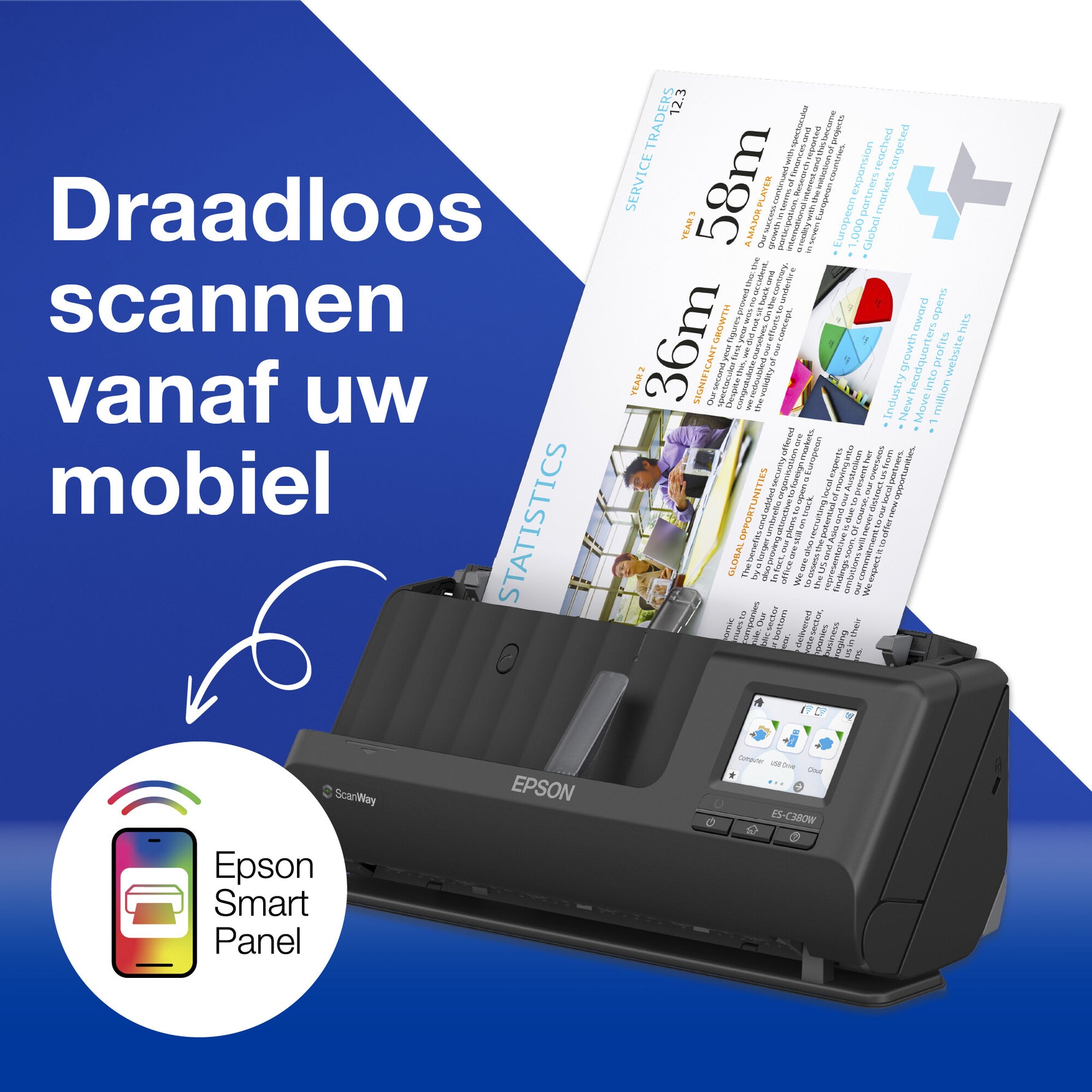 Epson ES-C380W compacte A4-documentscanner met Wi-Fi-connectiviteit en U-traject