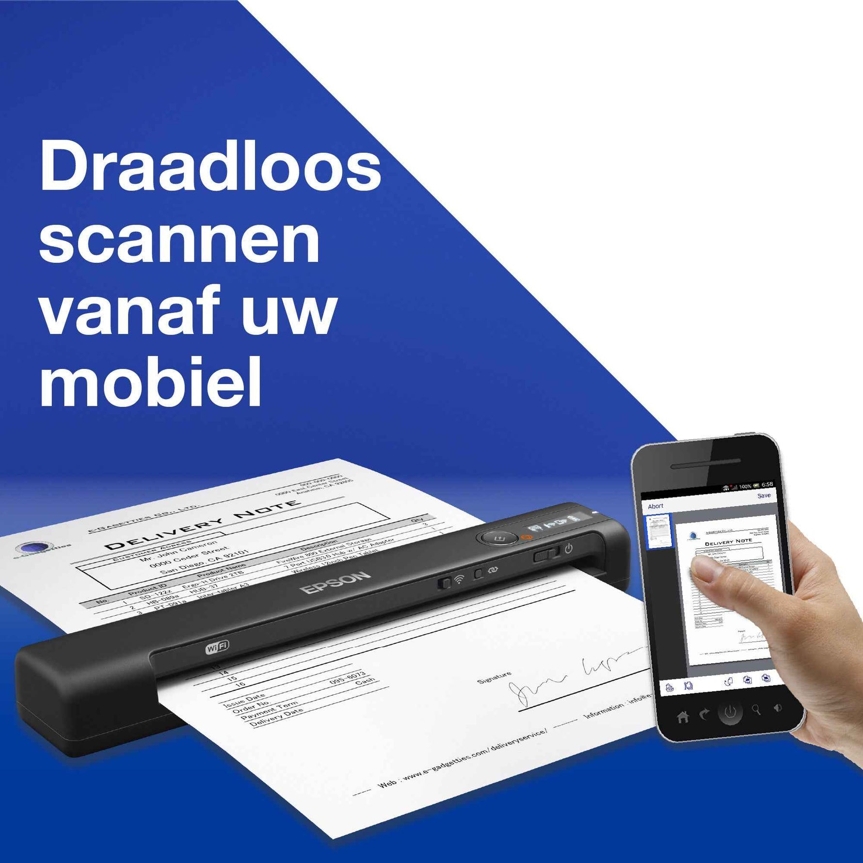 Epson WorkForce ES-60W, snelle draadloze mobiele A4-scanner met Wi-Fi-connectiviteit, ScanSmart-technologie en LCD-scherm