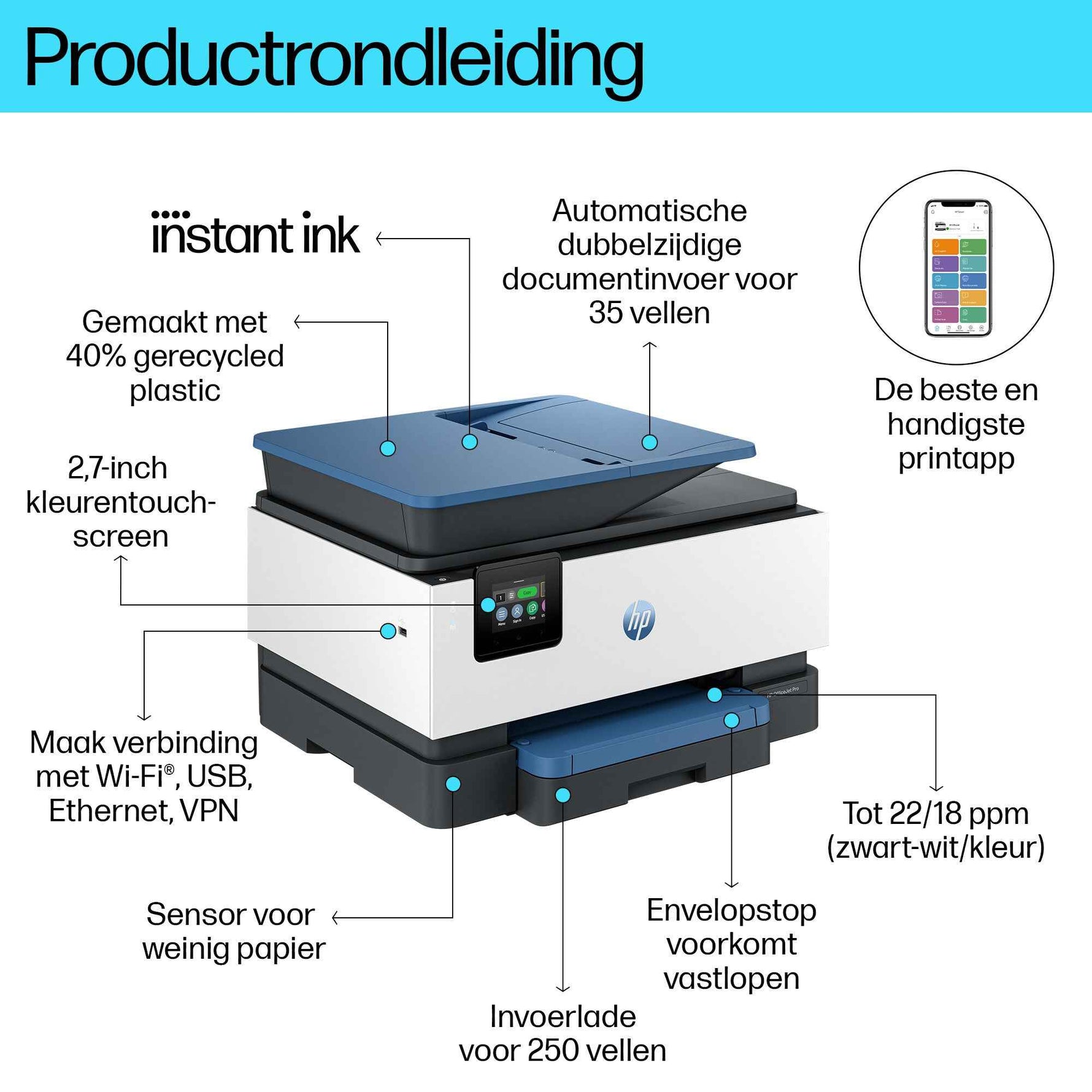HP OfficeJet Pro 9125e Draadloos All-in-One Kleur Printer, Instant Ink; Dubbelzijdig printen