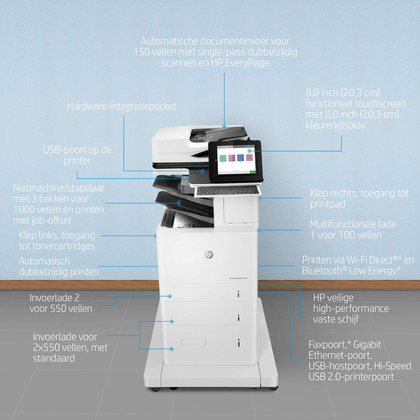 HP LaserJet Enterprise Flow LaserJet Enterprise M635z Multifunction Zwart-wit Printer, Alleen Ethernet; Kopieerapparaat, scanner