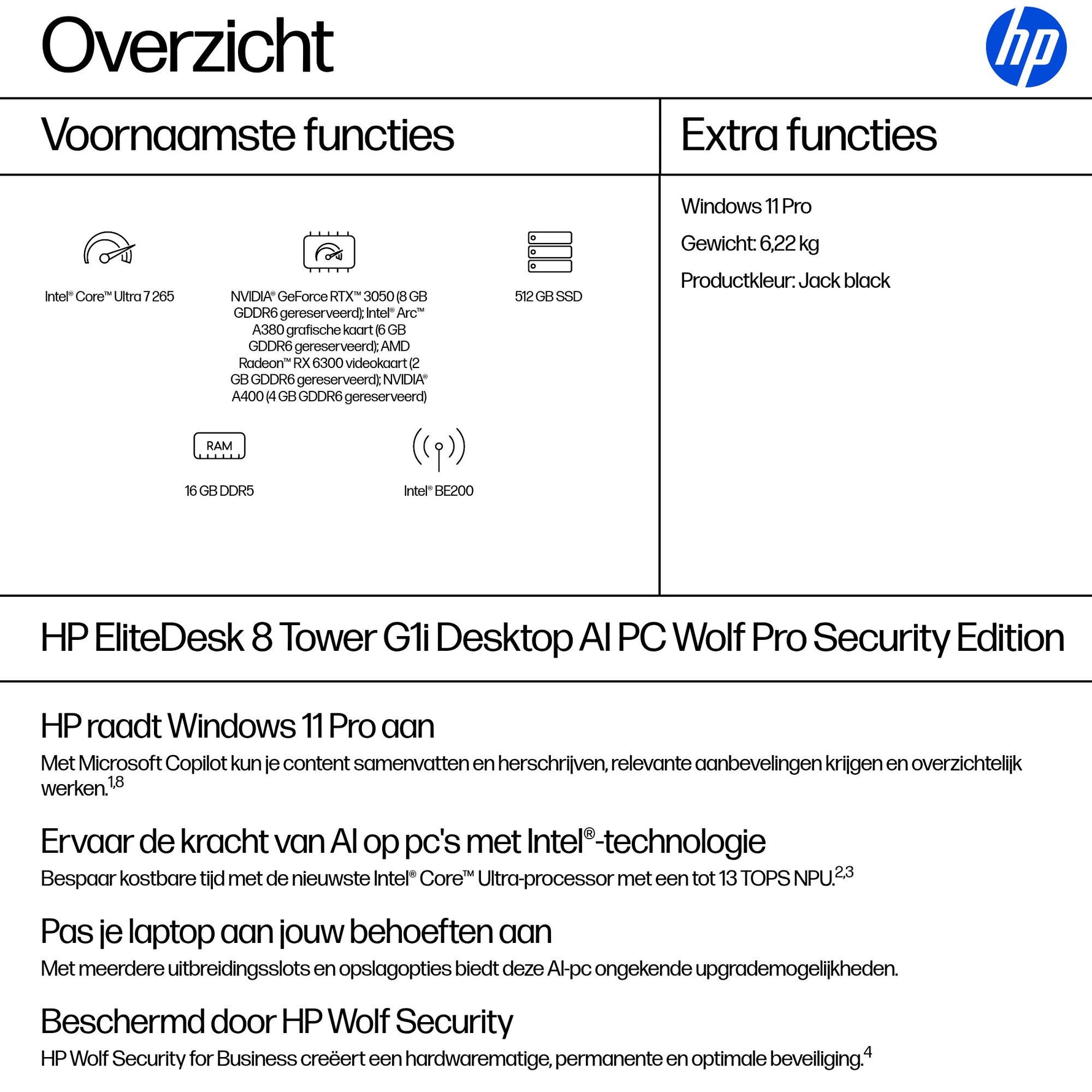 HP EliteDesk 8 Tower G1i AI Wolf Pro Security Edition Intel Core Ultra 7 265 16 GB DDR5-SDRAM 512 GB SSD Windows 11 Pro PC AI PC Zwart