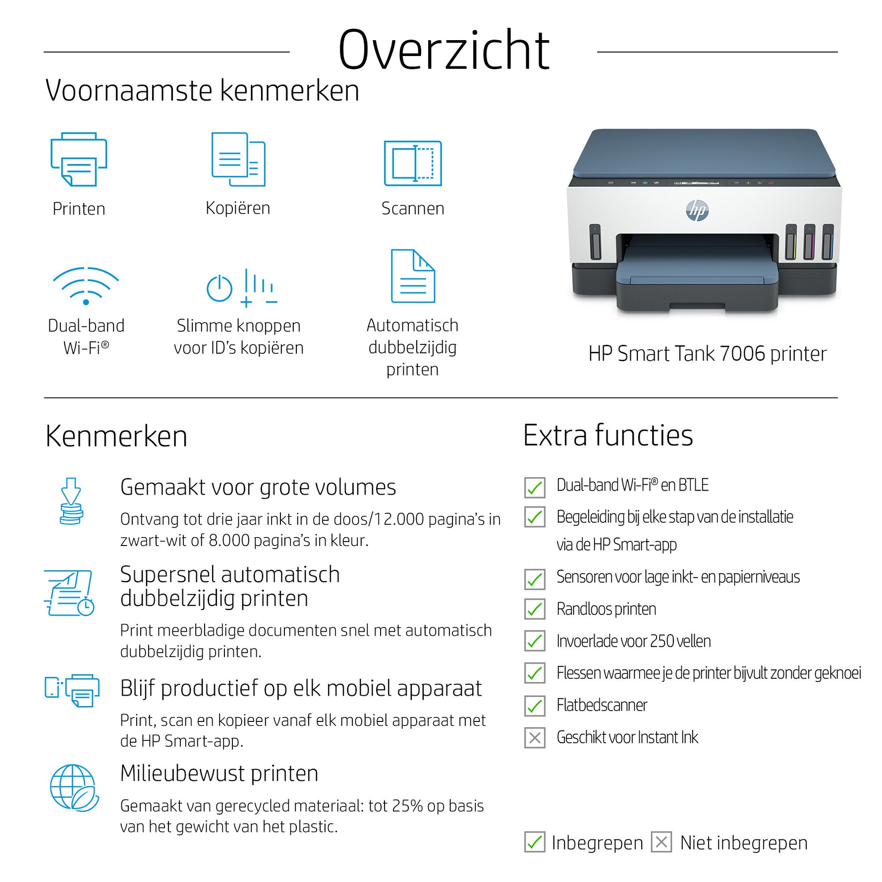 HP Smart Tank 7006 Draadloos All-in-One Kleur Printer, Dubbelzijdig printen; Kopieerapparaat, Scanner