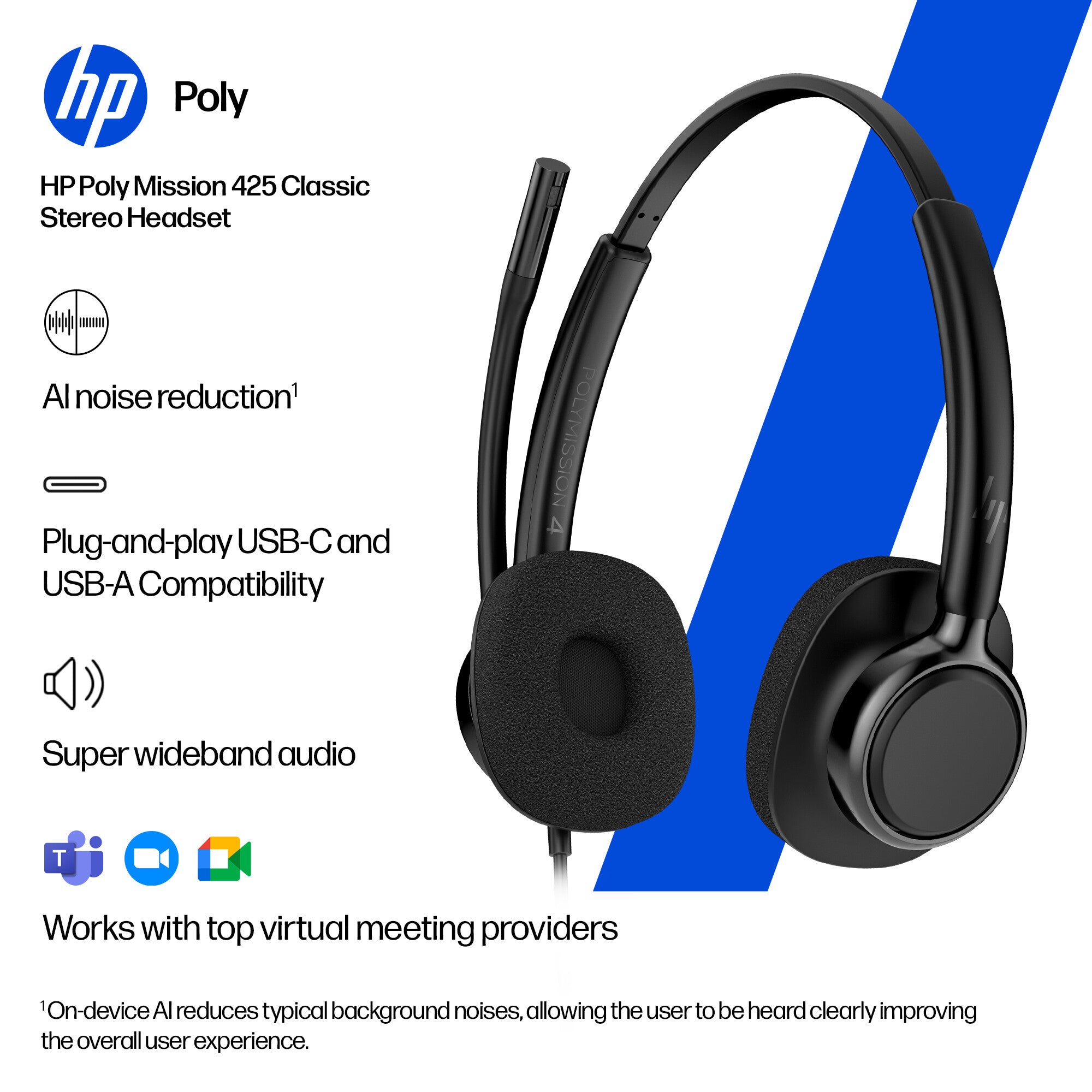 Poly HP Poly Mission 425 Stereo USB Wired Headset Classic Bulk WW