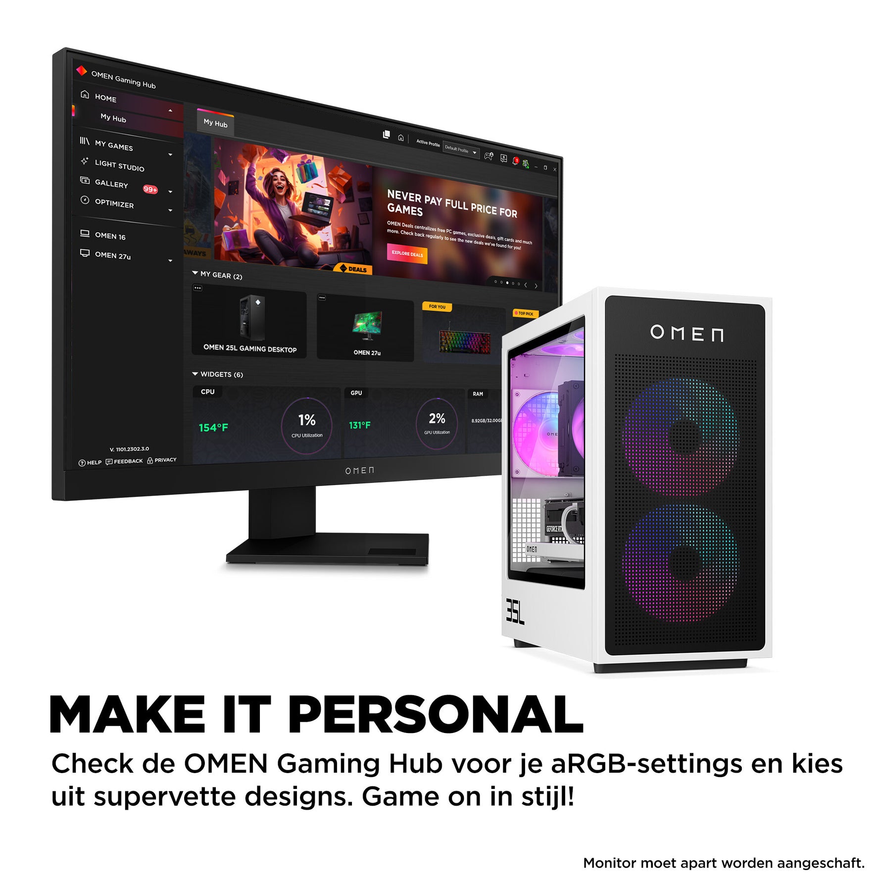 HP OMEN 35L GT16-0160nd Intel® Core™ i7 i7-14700F 16 GB DDR5-SDRAM 1 TB SSD NVIDIA GeForce RTX 5060 Windows 11 Home Tower PC Zwart