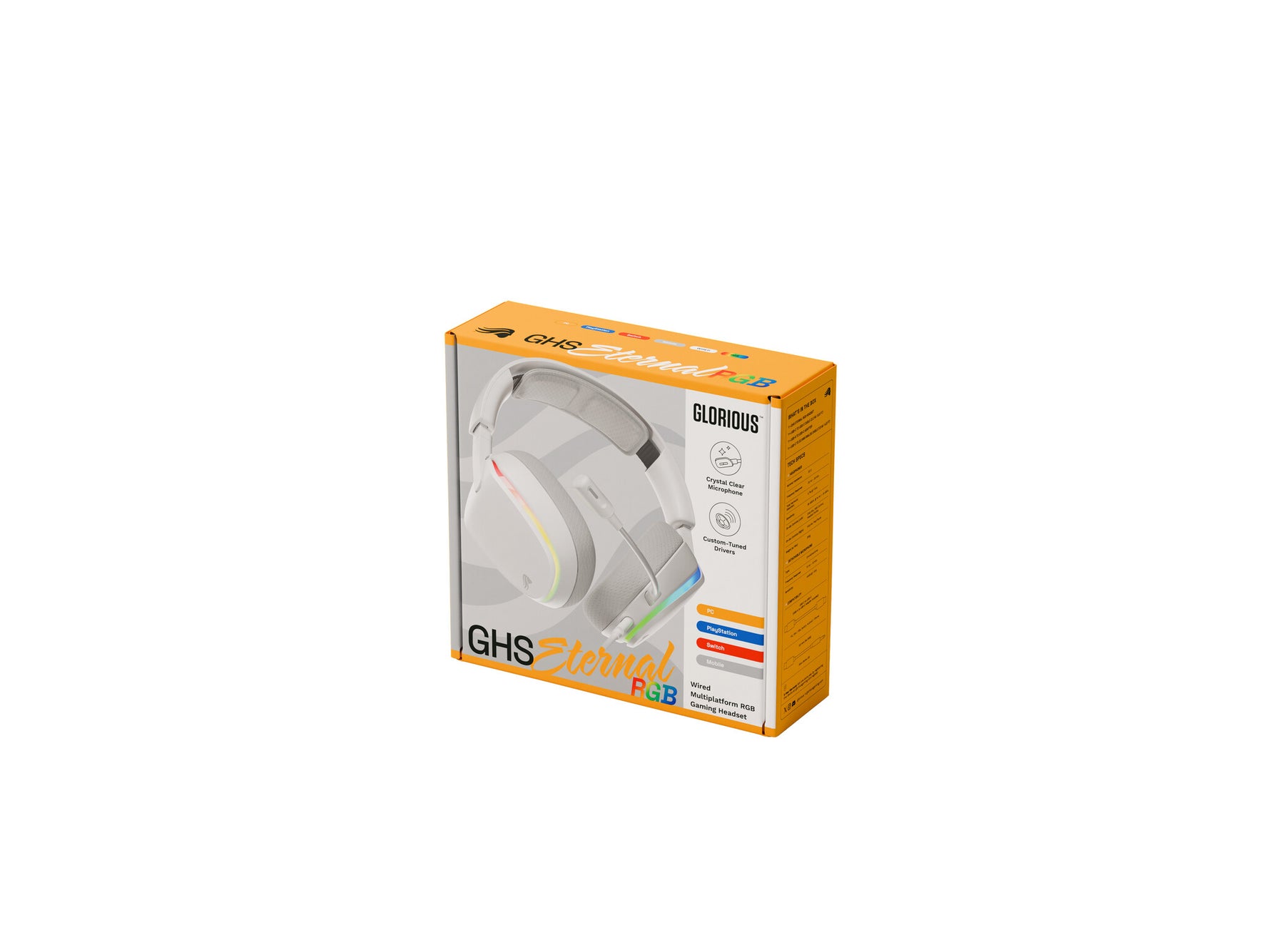 Glorious Gaming Glorious GHS Eternal RGB - Stereo RGB headset voor pc, PS5, PS4, Switch - Custom-tuned, gekantelde drivers, verstelbare, kristalheldere, afneembare mic, USB-C - Duurzaam, dag/nacht comfort - Wit