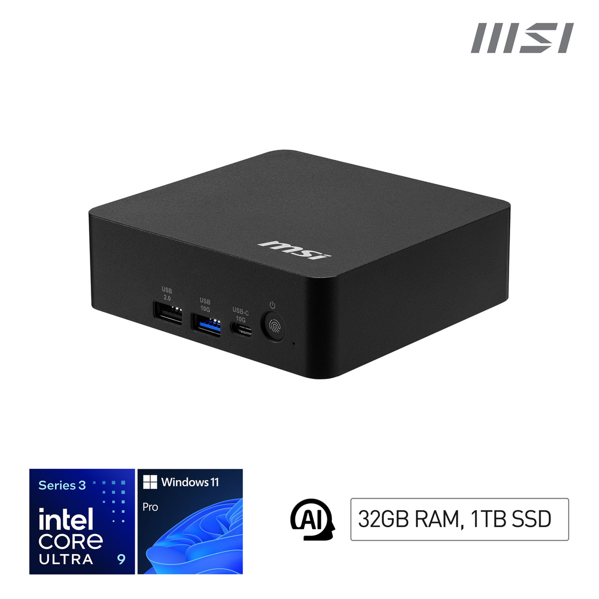 MSI Cubi NUC AI+ 3MG-002EU Copilot+ PC Intel Core Ultra 9 386H 32 GB DDR5-SDRAM 1 TB SSD Windows 11 Pro Mini PC Zwart