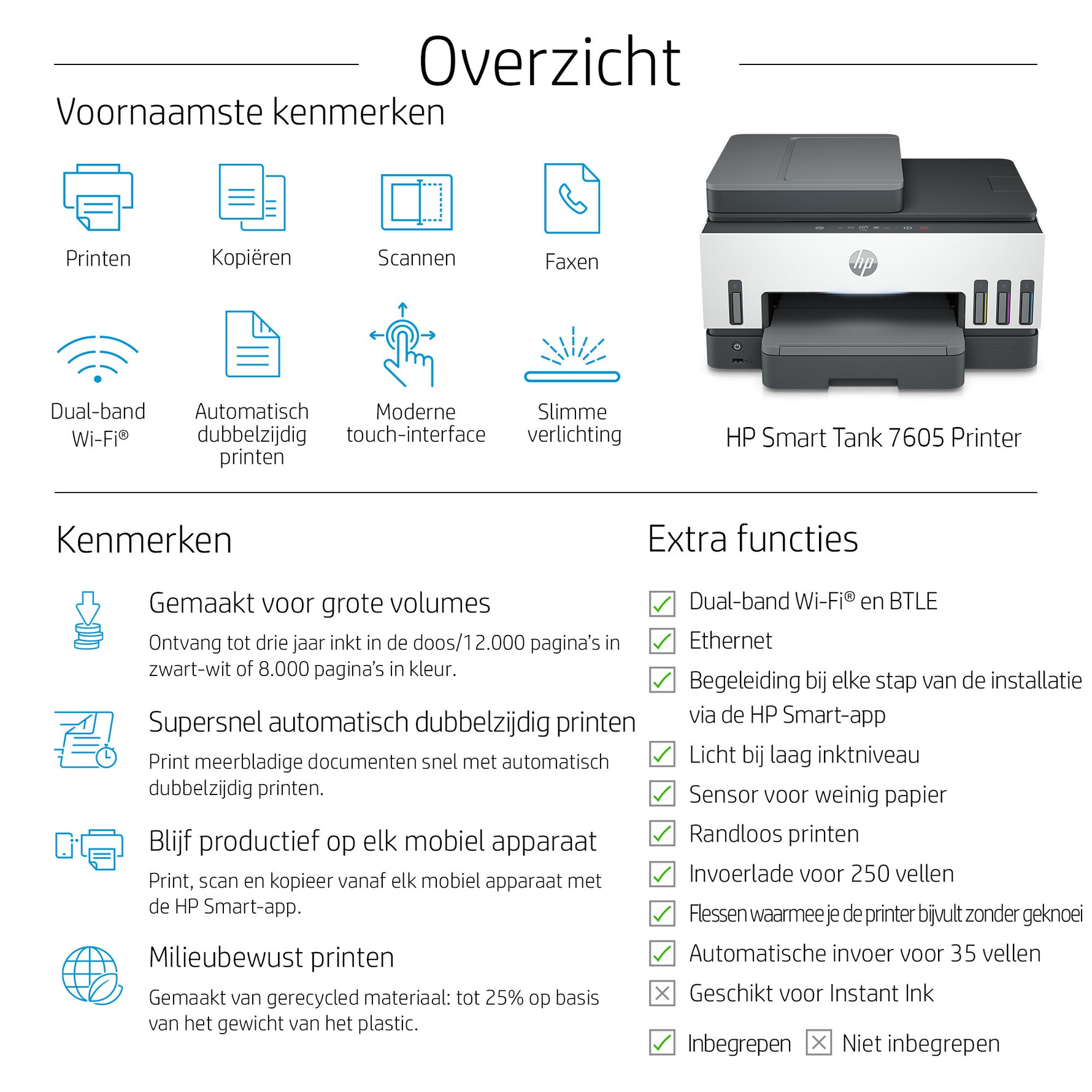HP Smart Tank 7605 Draadloos All-in-One Kleur Printer, Dubbelzijdig printen; Kopieerapparaat, Scanner