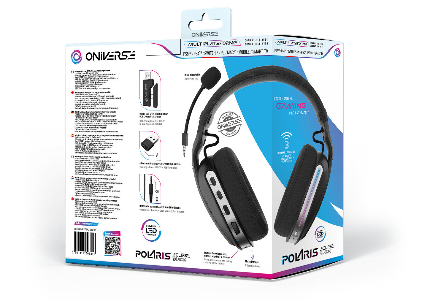 Oniverse Polaris Headset Bedraad en draadloos Hoofdband Gamen USB Type-C / USB Type-A Bluetooth Zwart