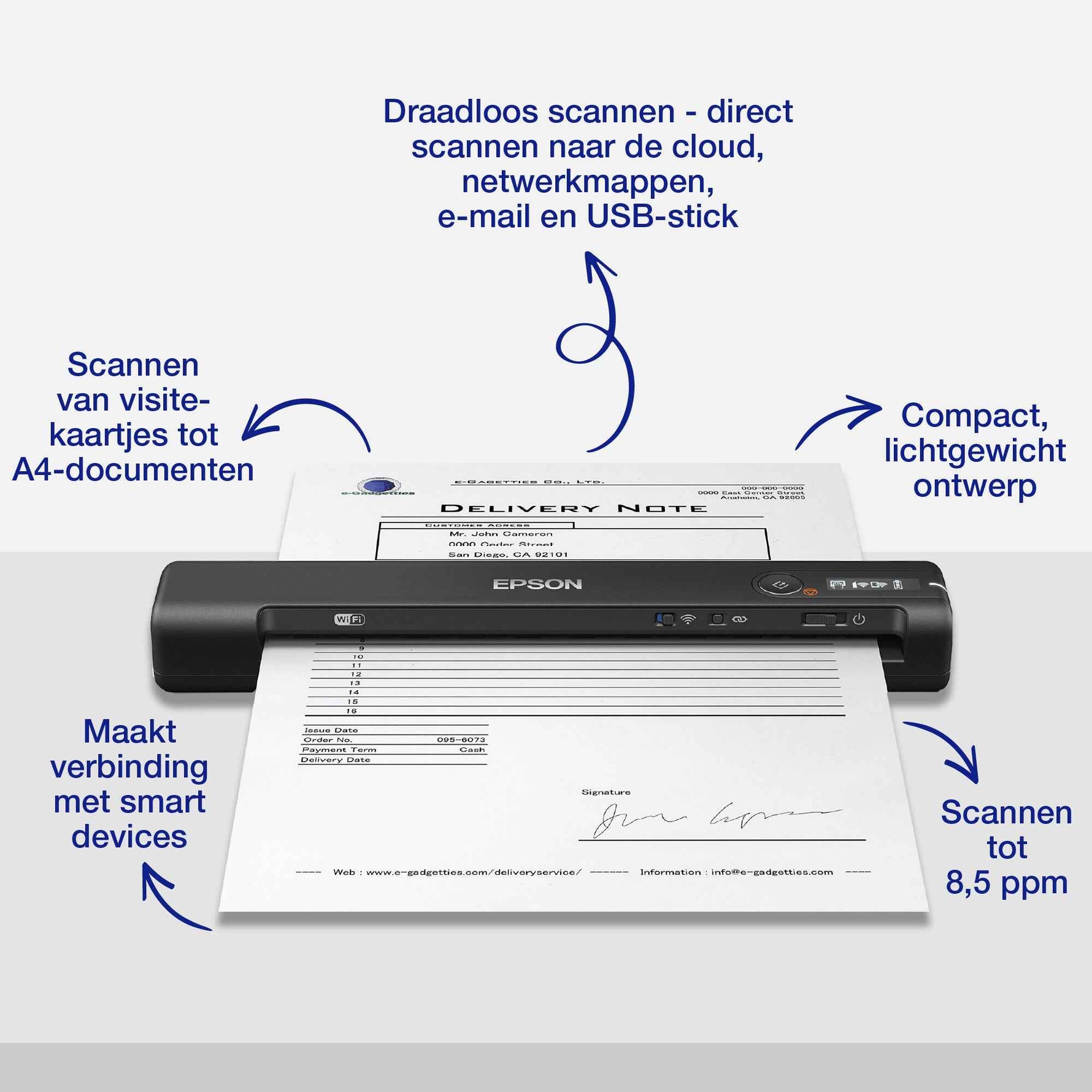 Epson WorkForce ES-60W, snelle draadloze mobiele A4-scanner met Wi-Fi-connectiviteit, ScanSmart-technologie en LCD-scherm