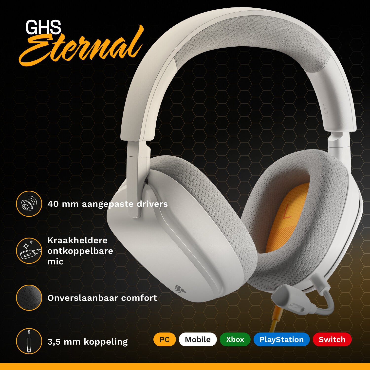 Glorious Gaming Glorious GHS Eternal - Stereo gaming headset voor pc, PS5, PS4, Xbox, Switch - Custom-tuned, gekantelde drivers, verstelbare, kristalheldere, afneembare mic, 3,5 mm - Duurzaam, dag/nacht comfort - Wit