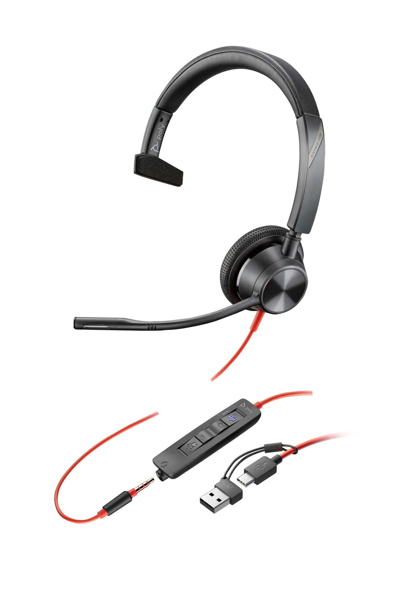 HP Poly Blackwire 3315 Monaural Microsoft Teams Certified USB-C Headset + 3,5 mm plug + USB-C/A adapter
