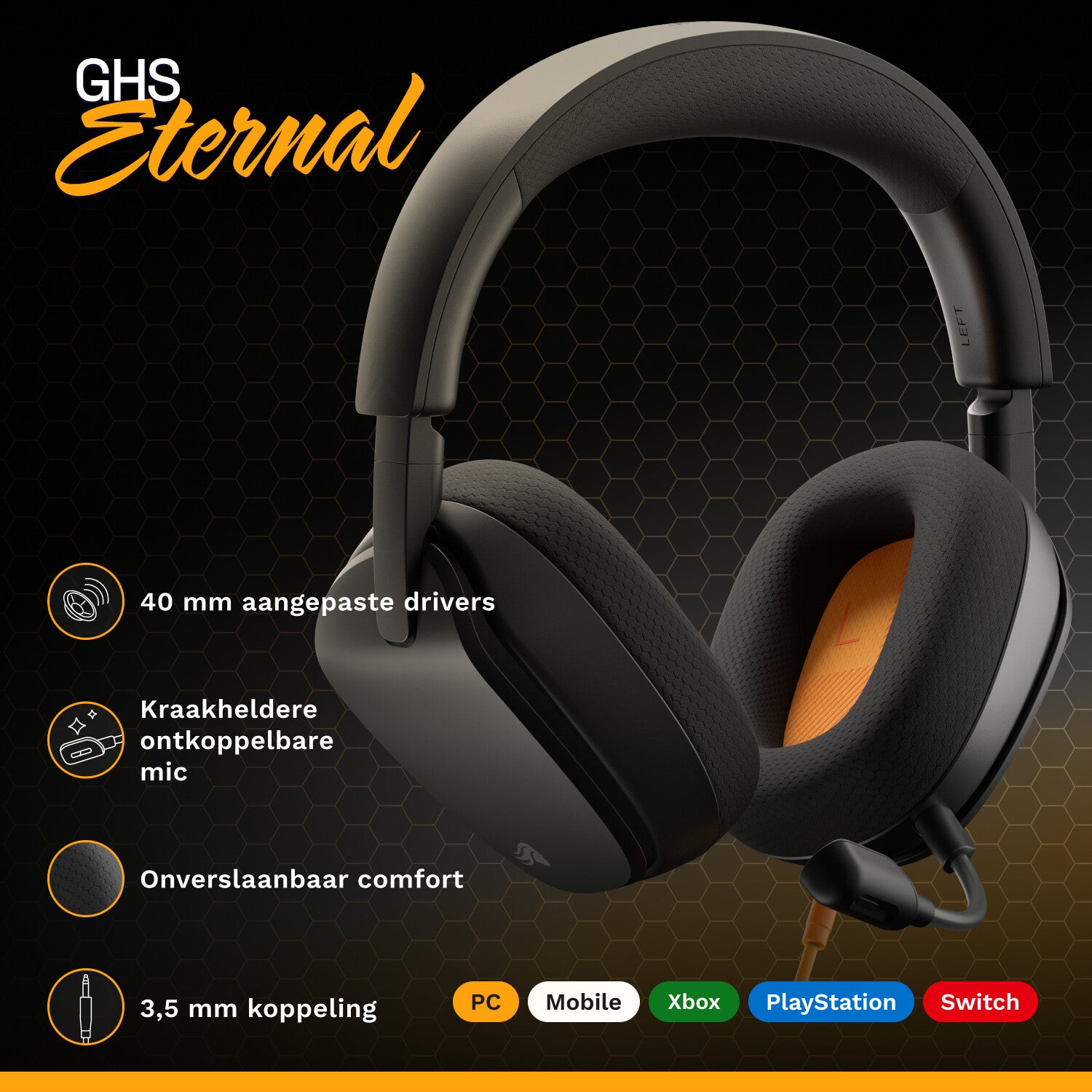Glorious Gaming Glorious GHS Eternal - Stereo gaming headset voor pc, PS5, PS4, Xbox, Switch - Custom-tuned gekantelde drivers, verstelbare kristalheldere afneembare mic, 3,5 mm - Duurzaam dag/nacht comfort - Zwart