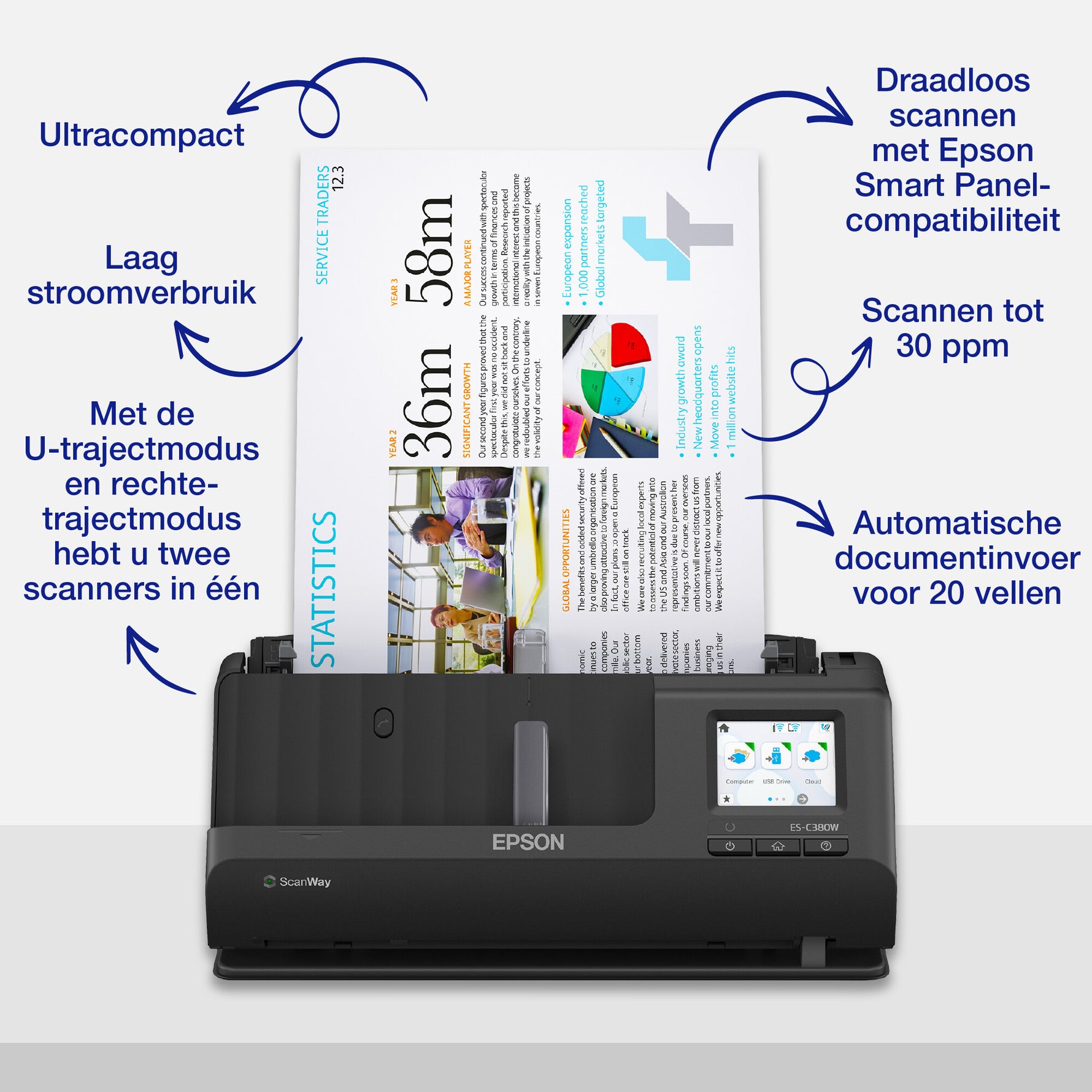 Epson ES-C380W compacte A4-documentscanner met Wi-Fi-connectiviteit en U-traject