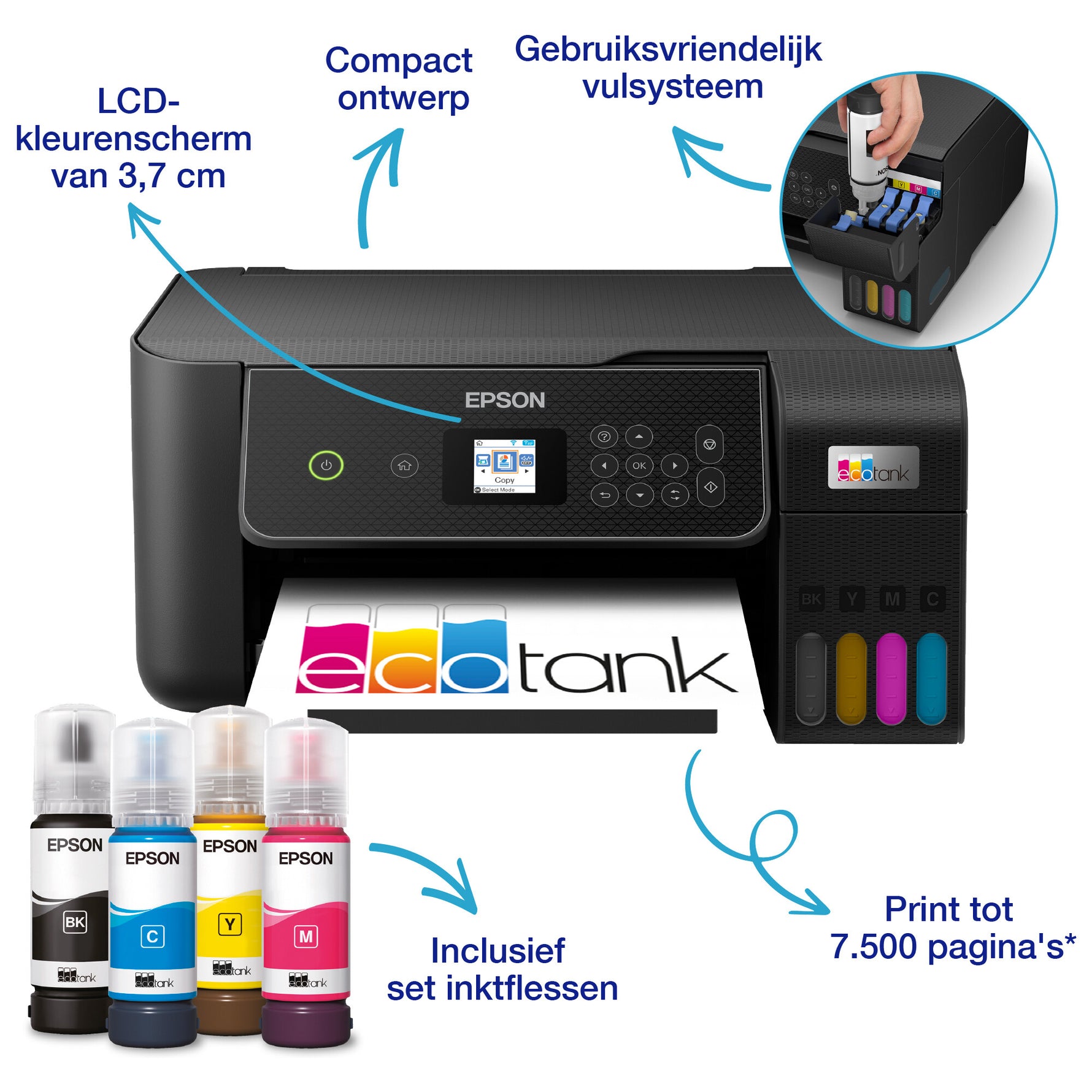 Epson EcoTank ET-2870 A4 multifunctionele Wi-Fi-printer met inkttank, inclusief tot 3 jaar inkt