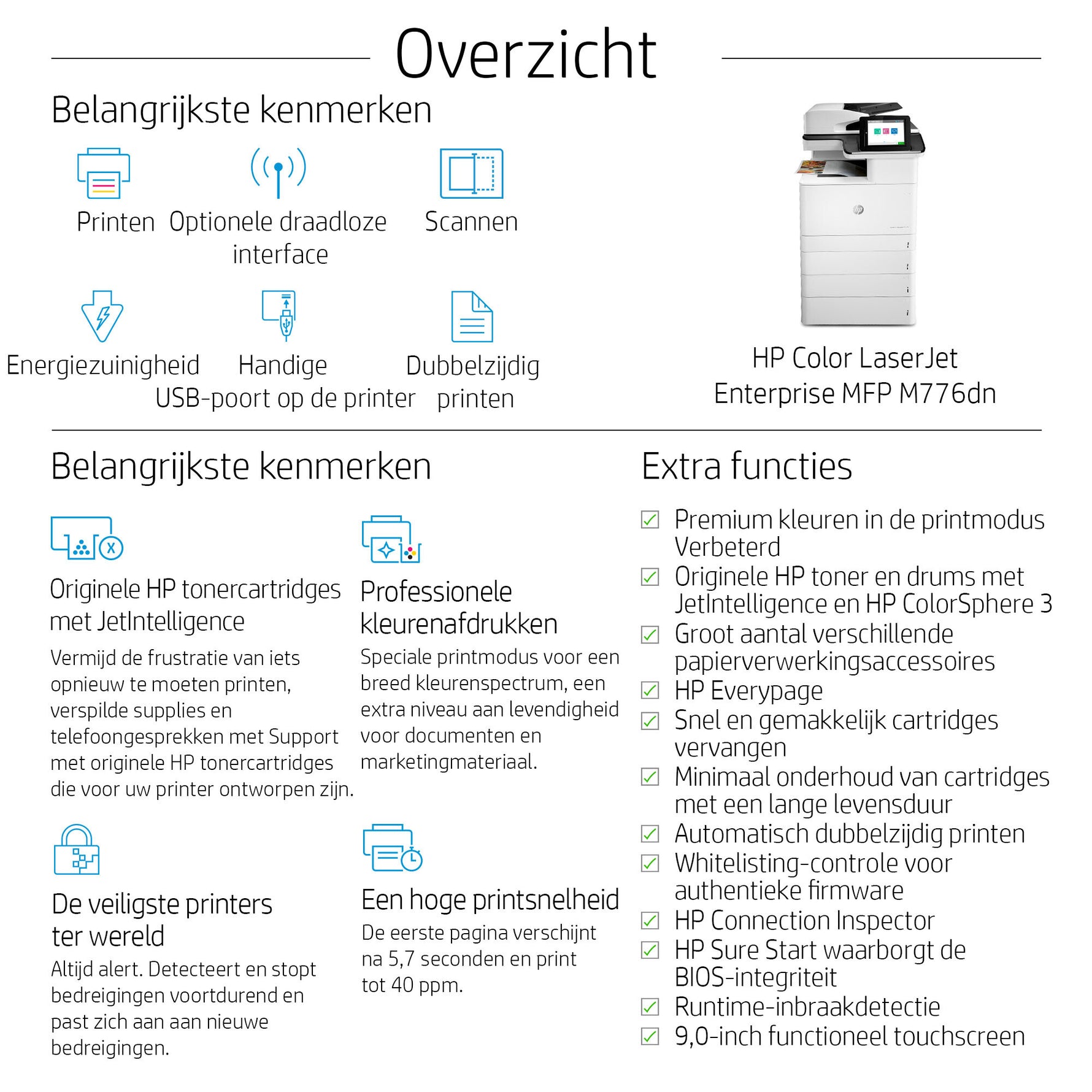 HP Color LaserJet Enterprise LaserJet Enterprise M776dn Multifunction Kleur Printer, Alleen Ethernet; Kopieerapparaat, scanner