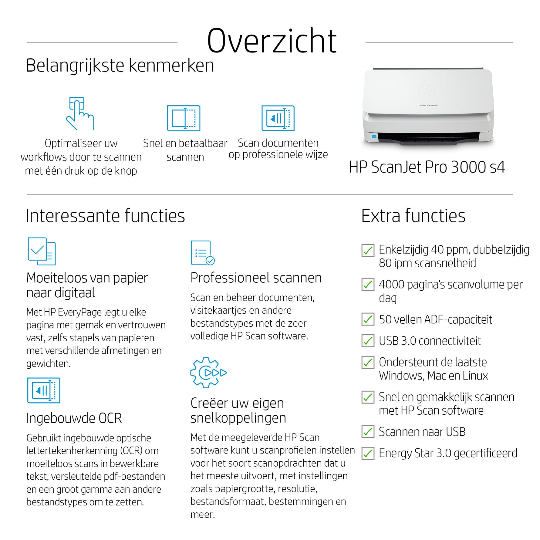 HP ScanJet Pro 3000 s4 Paginascanner 600 x 600 DPI A4 Zwart, Wit