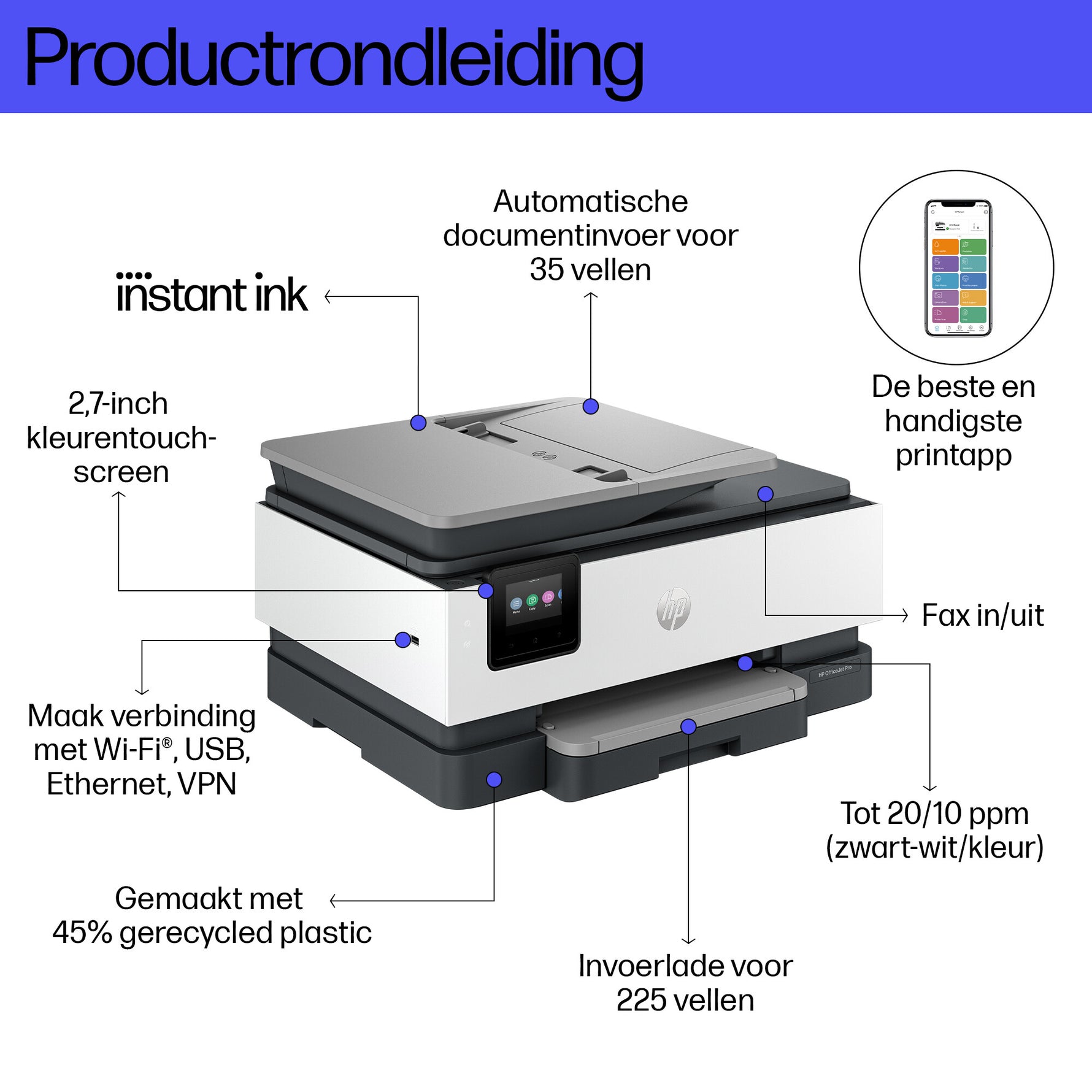 HP OfficeJet Pro 8132e Draadloos All-in-One Kleur Printer, Instant Ink; Dubbelzijdig printen