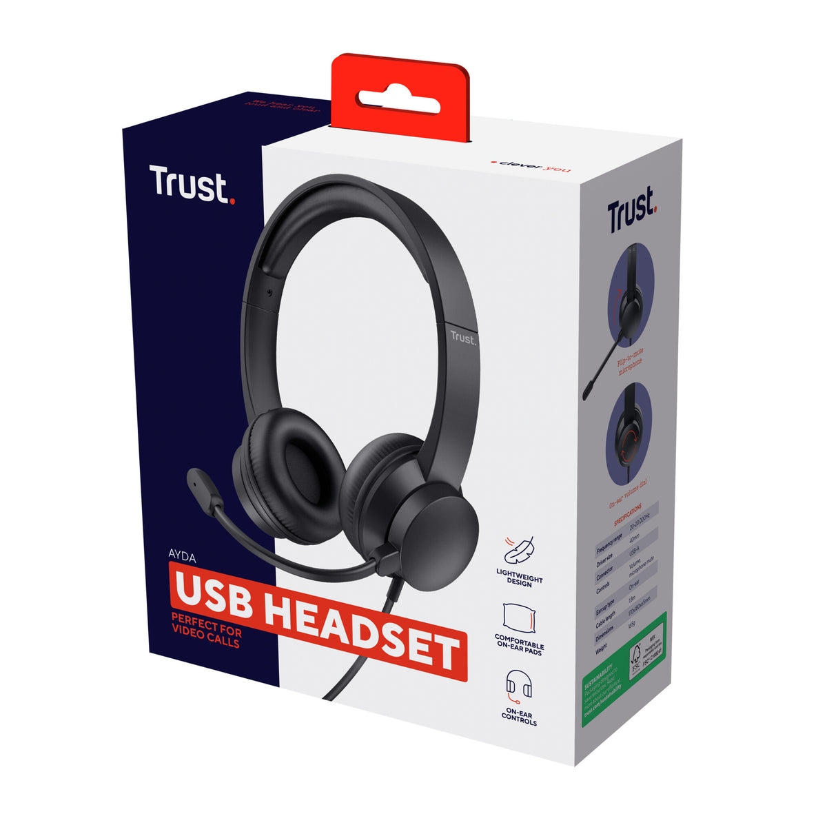 Trust Ayda USB Headset - USB-headset voor kantoor en gesprekken – Opklapbare microfoon – Volumeregeling in kabel – Zwart