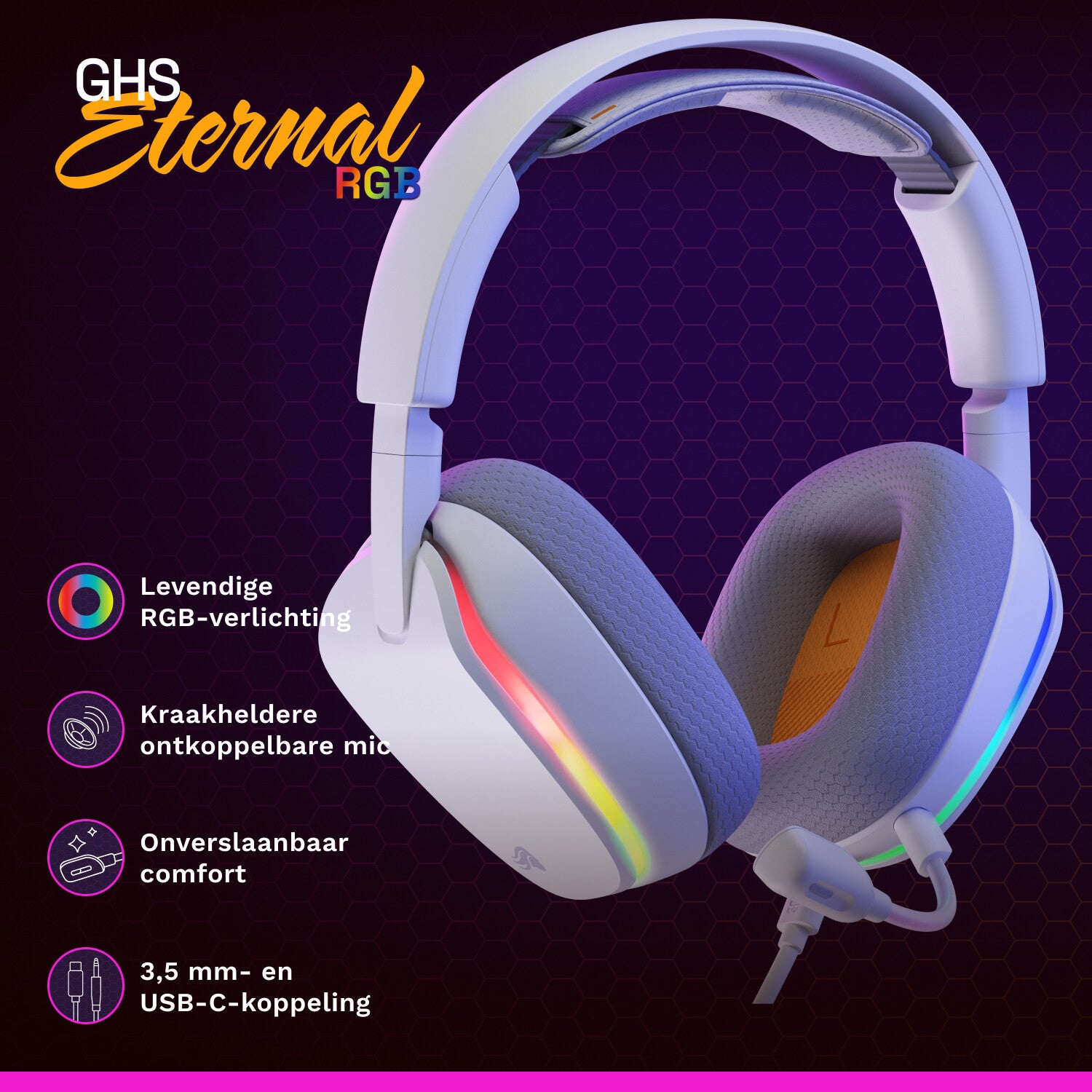 Glorious Gaming Glorious GHS Eternal RGB - Stereo RGB headset voor pc, PS5, PS4, Switch - Custom-tuned, gekantelde drivers, verstelbare, kristalheldere, afneembare mic, USB-C - Duurzaam, dag/nacht comfort - Wit