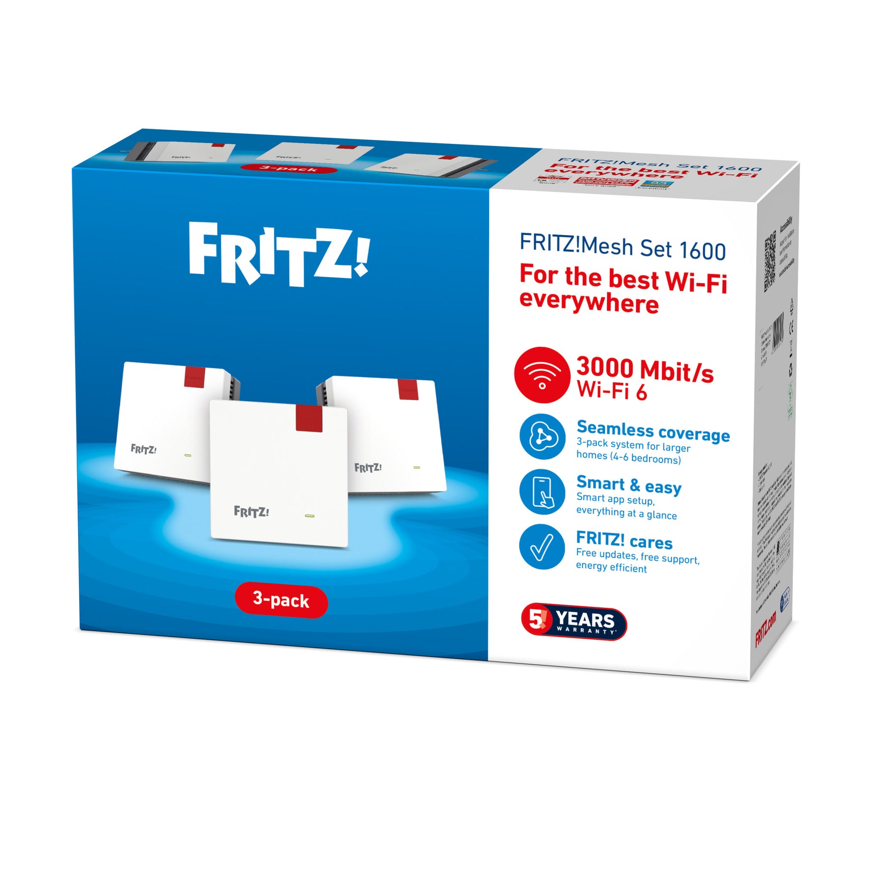 Mesh Set FRITZMESH SET 1600 3-PACK EDITION INTERNATIONAL Dual-band (2.4 GHz / 5 GHz) Wi-Fi 6 (802.11ax) Rood, Wit Intern